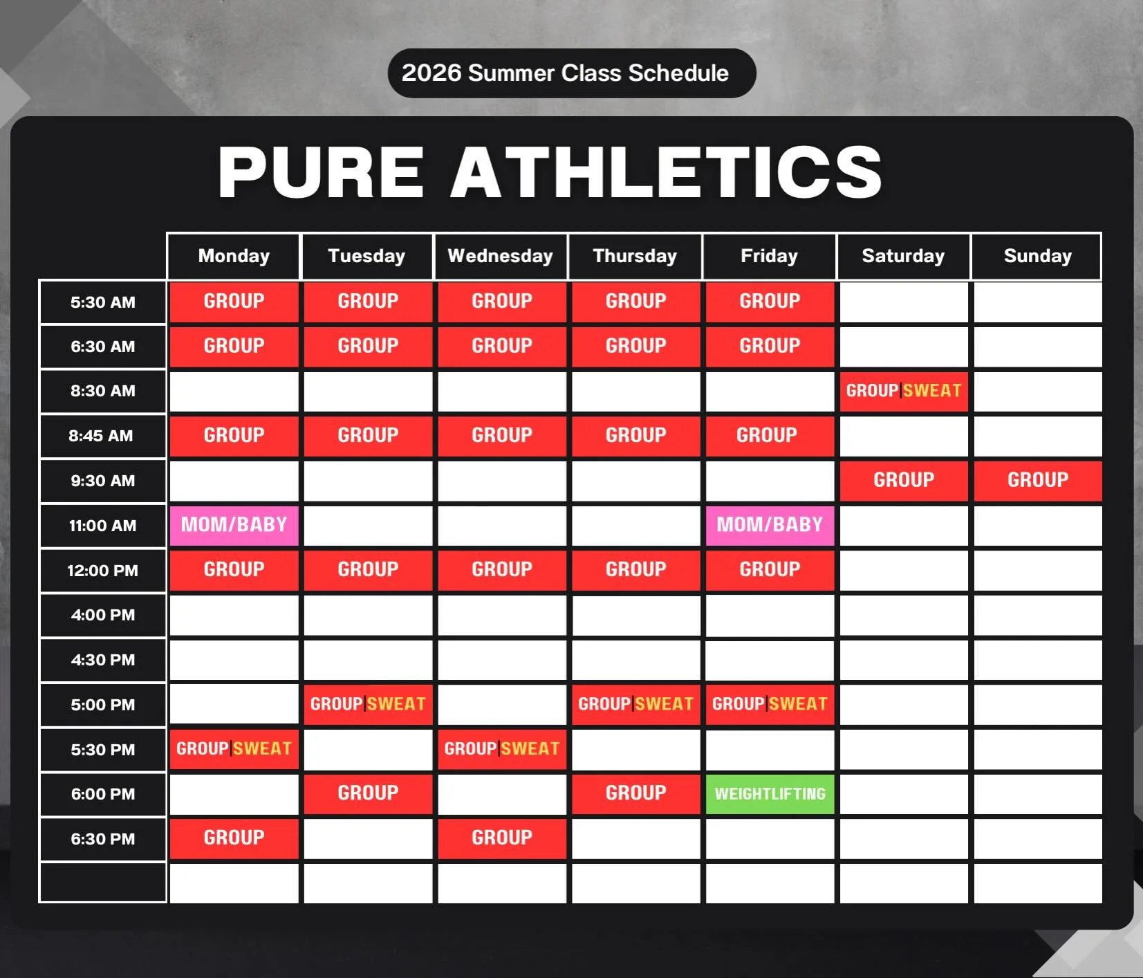 ☀️Summer Schedule 2026 ☀️ 

Please note a few changes: 

🏋Weightlifting class with James Kapacila will start on June 19th and will replace the 6pm Group class! 

💪🏻Last day of Teens Class will be June 26th and will return in the fall 

🏃&zwj;♀️St