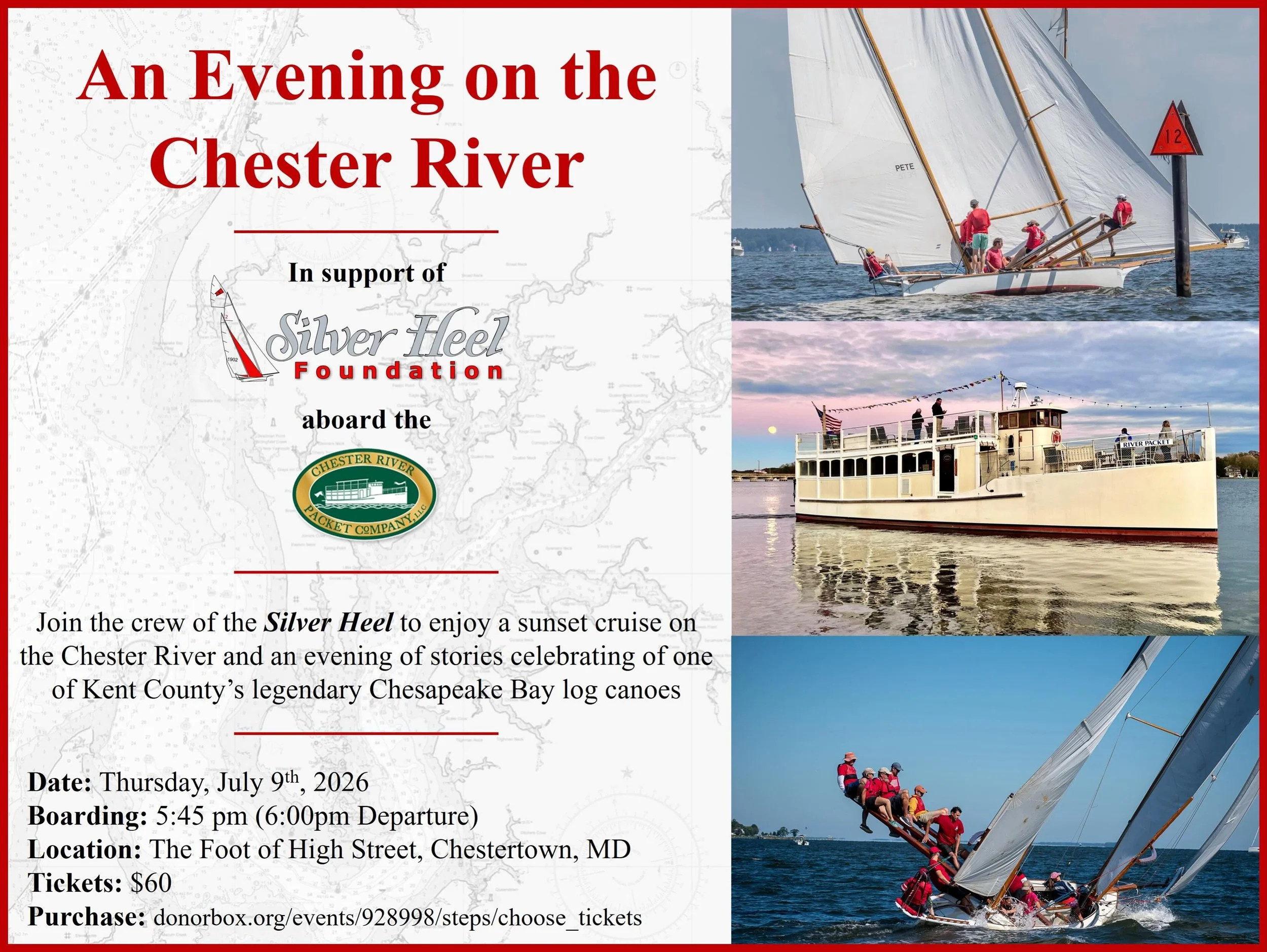 Join the crew of Silver Heel for our very first fundraiser! An evening of dinner and stories celebrating the history of our favorite log canoe and enjoying a sunset cruise aboard the Chester River Packet! Tickets available the link in bio!