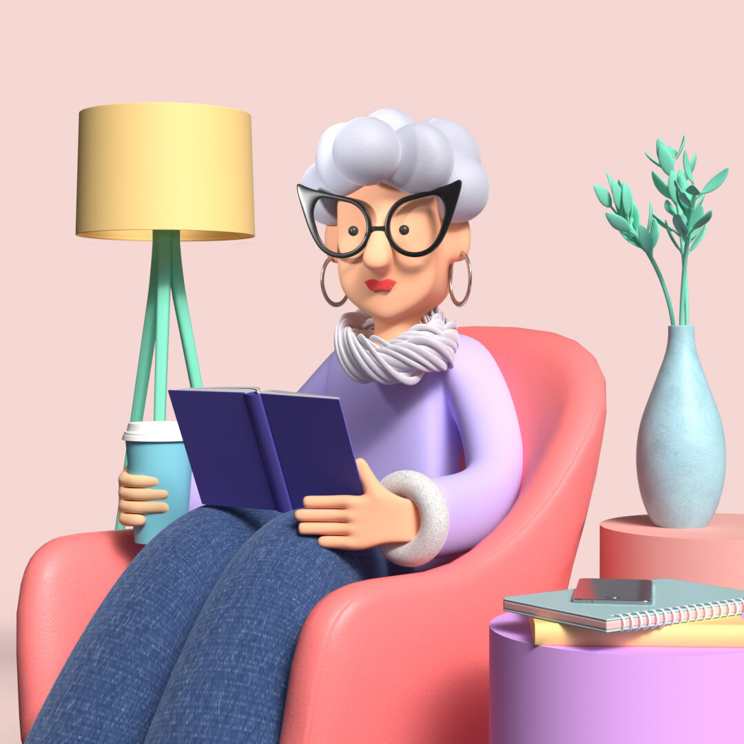 A granny is reading a book.