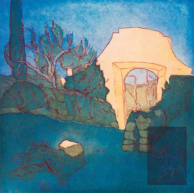 Johanne Foss: Ved stenporten. Danser med trane, mørk. Italien, 2013. Ætsning og akvatinte