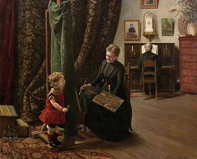 Emilie Mundt: Malerinde og barn i atelieret (1893)
