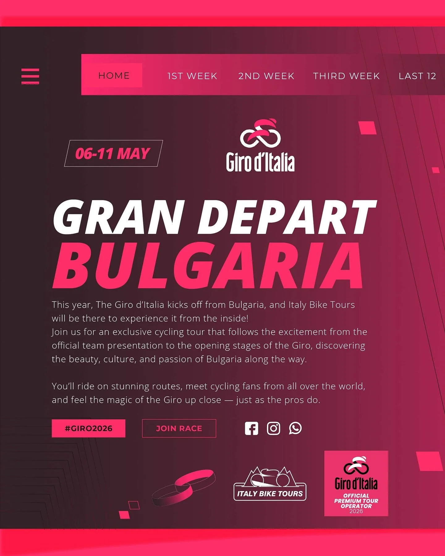 This year, the Giro d&rsquo;Italia kicks off from Bulgaria &mdash; and Italy Bike Tours will be there to experience it from the inside!

Join us for an exclusive cycling tour that follows the excitement from the official team presentation to the open