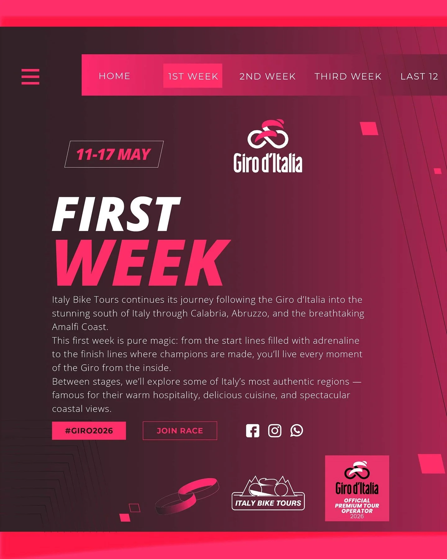 Giro d&rsquo;Italia 2026 &ndash; The First Week with Italy Bike Tours 🇮🇹🚴&zwj;♂️

The Giro d&rsquo;Italia 2026 starts with a bang &mdash; and we&rsquo;re inviting you to live every pedal stroke with us. Join our First Week tour (11&ndash;17 May 20