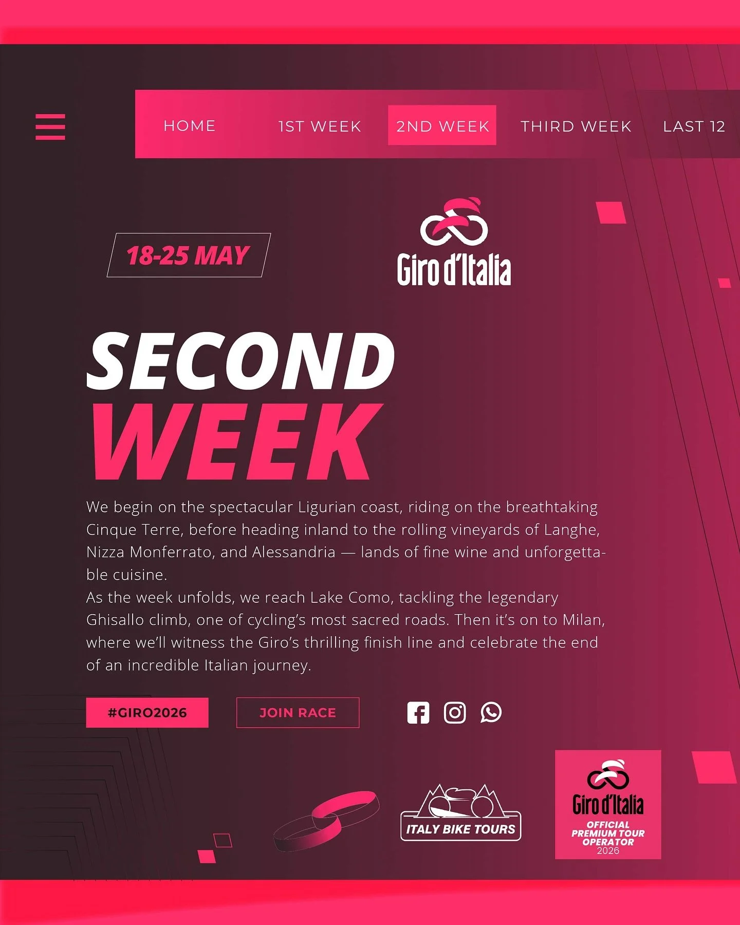 Giro d&rsquo;Italia 2026 &ndash; The Second Week with Italy Bike Tours 🇮🇹🚴&zwj;♂️

The second week of the Giro d&rsquo;Italia 2026 is here &mdash; ride the same roads as the pros and live the race up close! 7 nights in boutique‑style accommodation