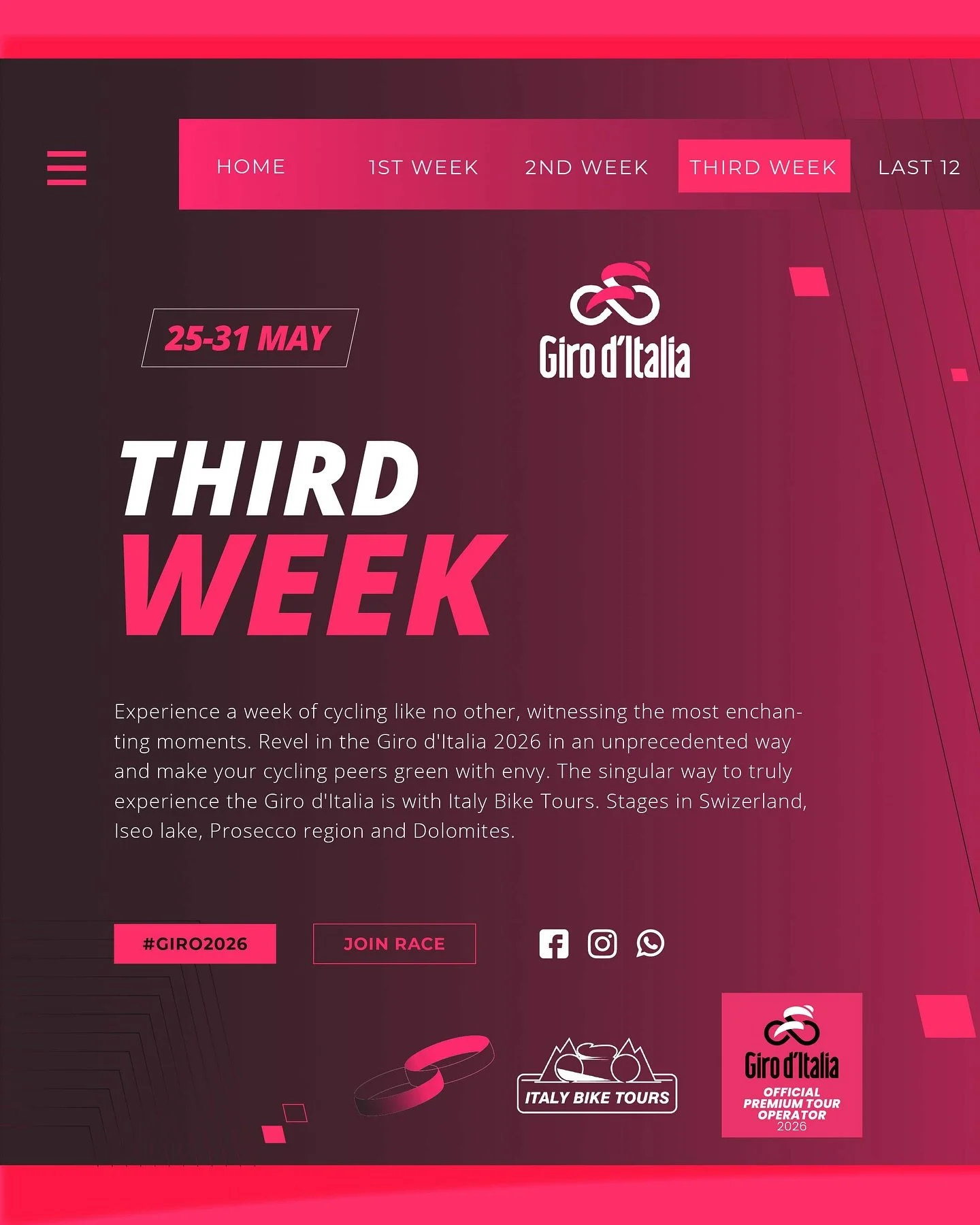 Giro d&rsquo;Italia 2026 &ndash; 3rd Week &amp; Queen Stage with Italy Bike Tours 🇮🇹🏔️🚴&zwj;♂️
________________________
Experience one final, epic week of the Giro like never before &mdash; from the Alps to the Dolomites, every turn is a story. S