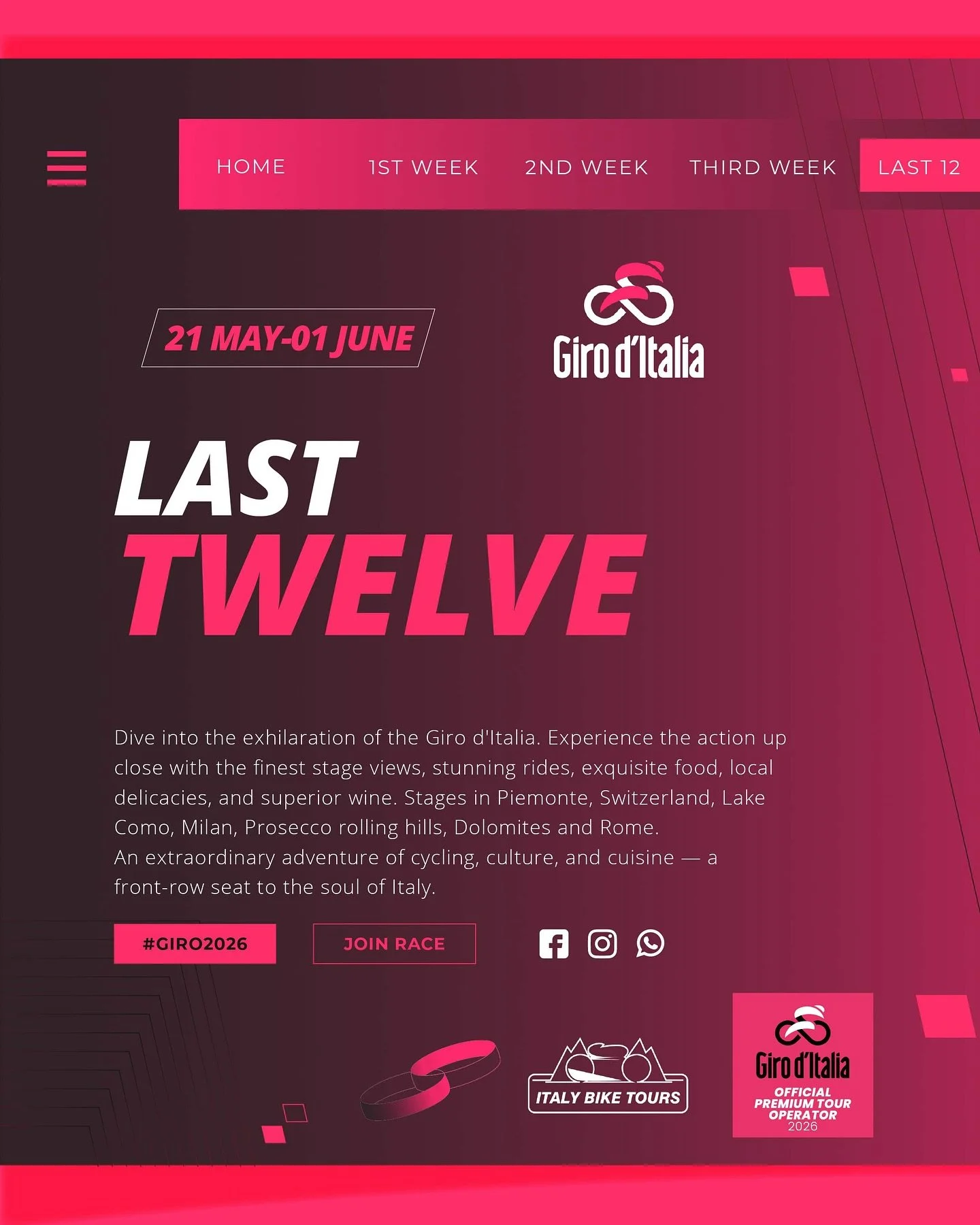 Giro d&rsquo;Italia 2026: 12 Days Inside the Dream✨
Live the final 12 days of the Giro like a pro: 11 nights in 4★ hotels, 7 dinners, VIP transfers + train to Rome, 2 VIP finish-line hospitalities, 9 stage-view points (incl. 2 private IBT terraces), 