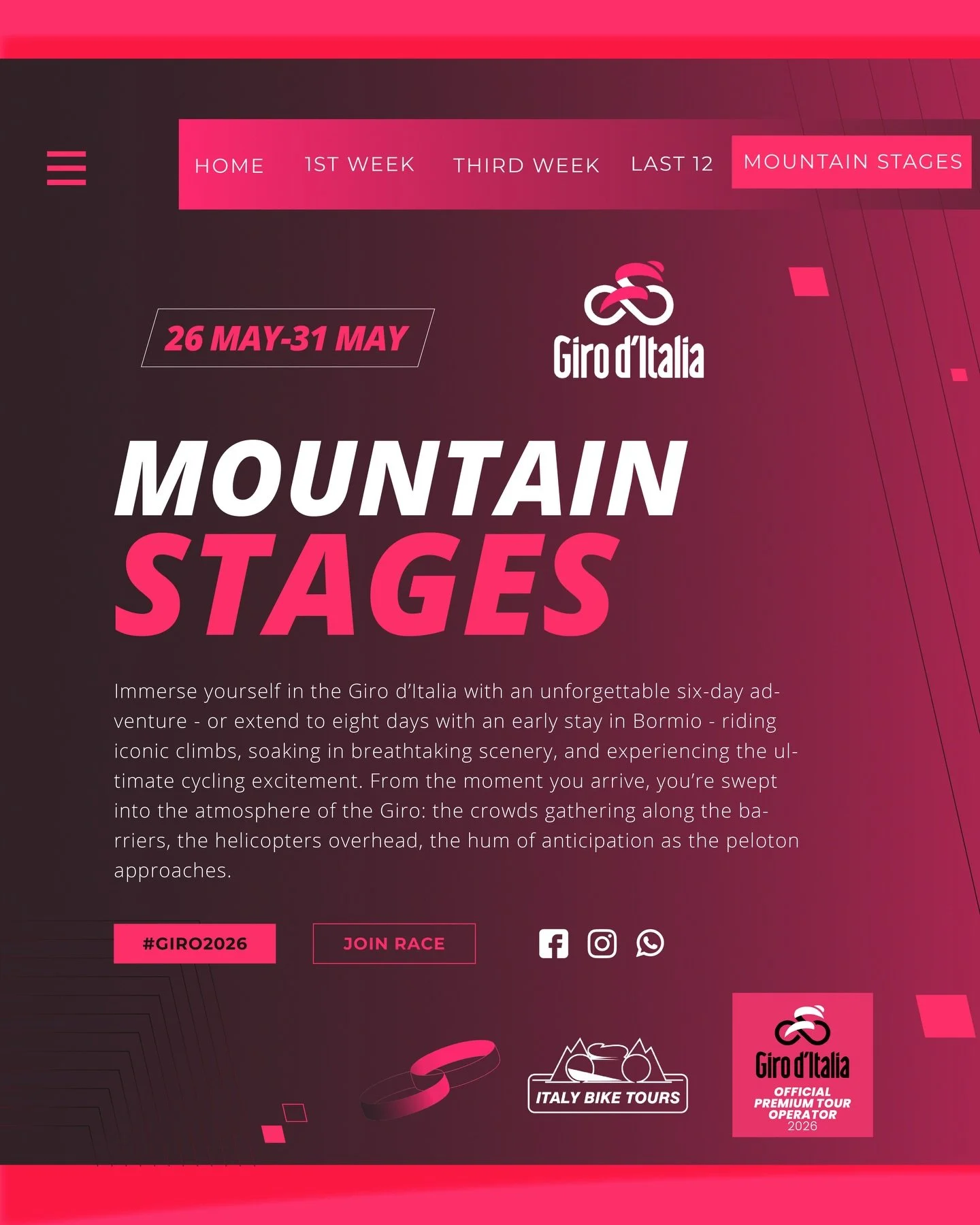 Ride where legends were forged.
Introducing our new 2026 Mountain Stages Giro d&rsquo;Italia Experience: 6 days / 5 nights through the most iconic climbs and breathtaking alpine landscapes of the Giro d&rsquo;Italia &mdash; from Sellaronda to Passo S