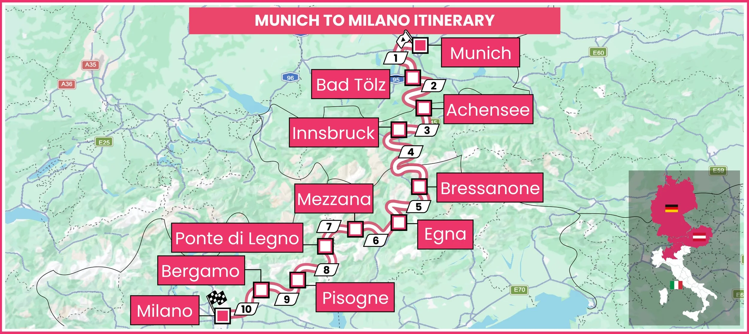 Luxury Lakes cycling tour itinerary map showing Lake Garda, Lake Iseo and Lake Como