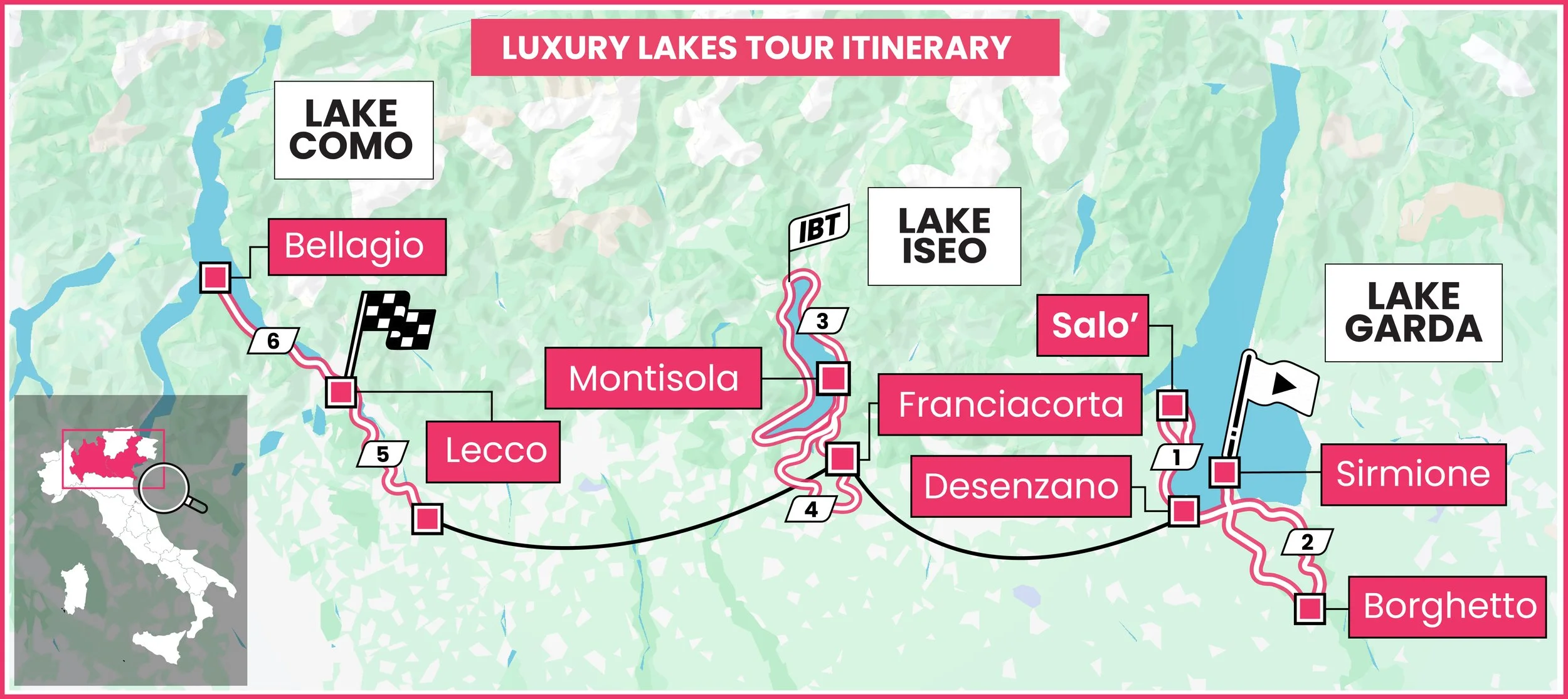 Luxury Lakes cycling tour itinerary map showing Lake Garda, Lake Iseo and Lake Como