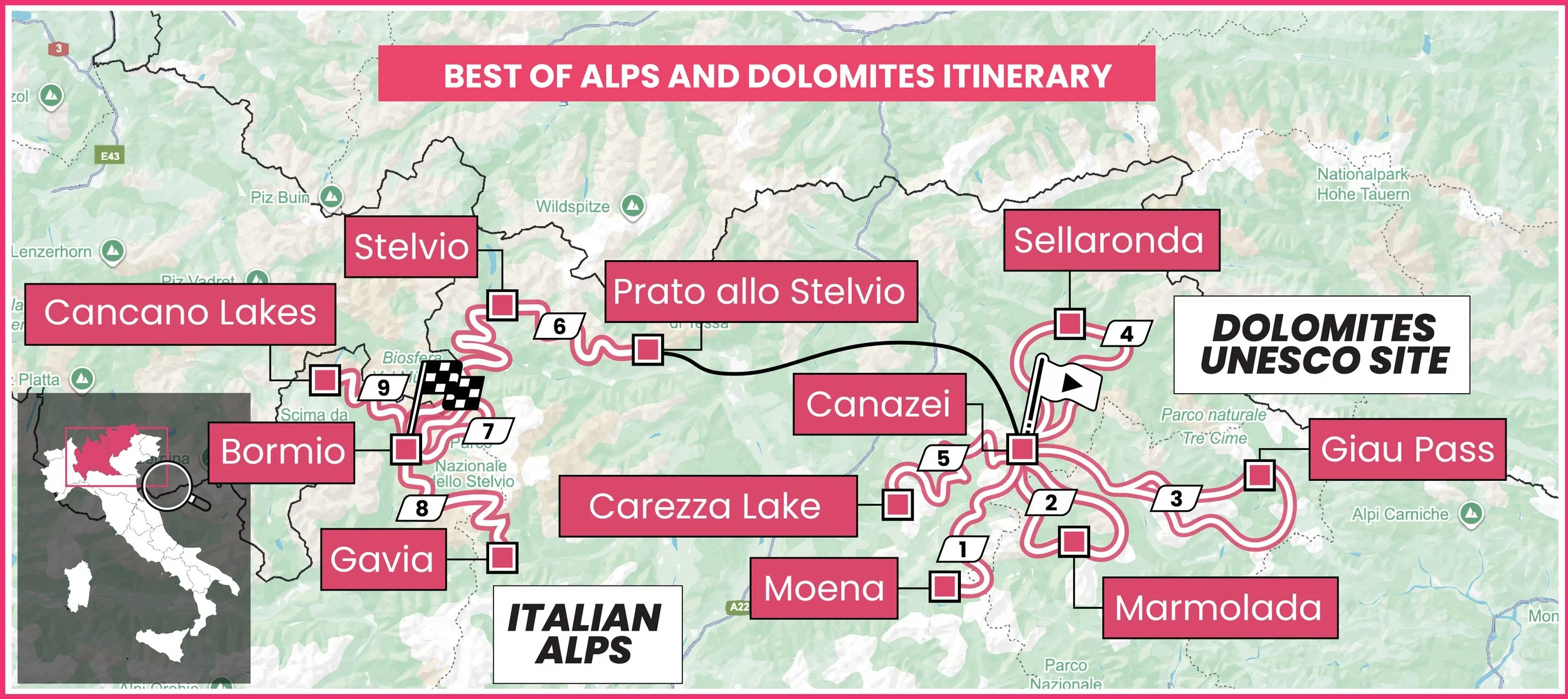 Alps and Dolomites cycling tour itinerary map