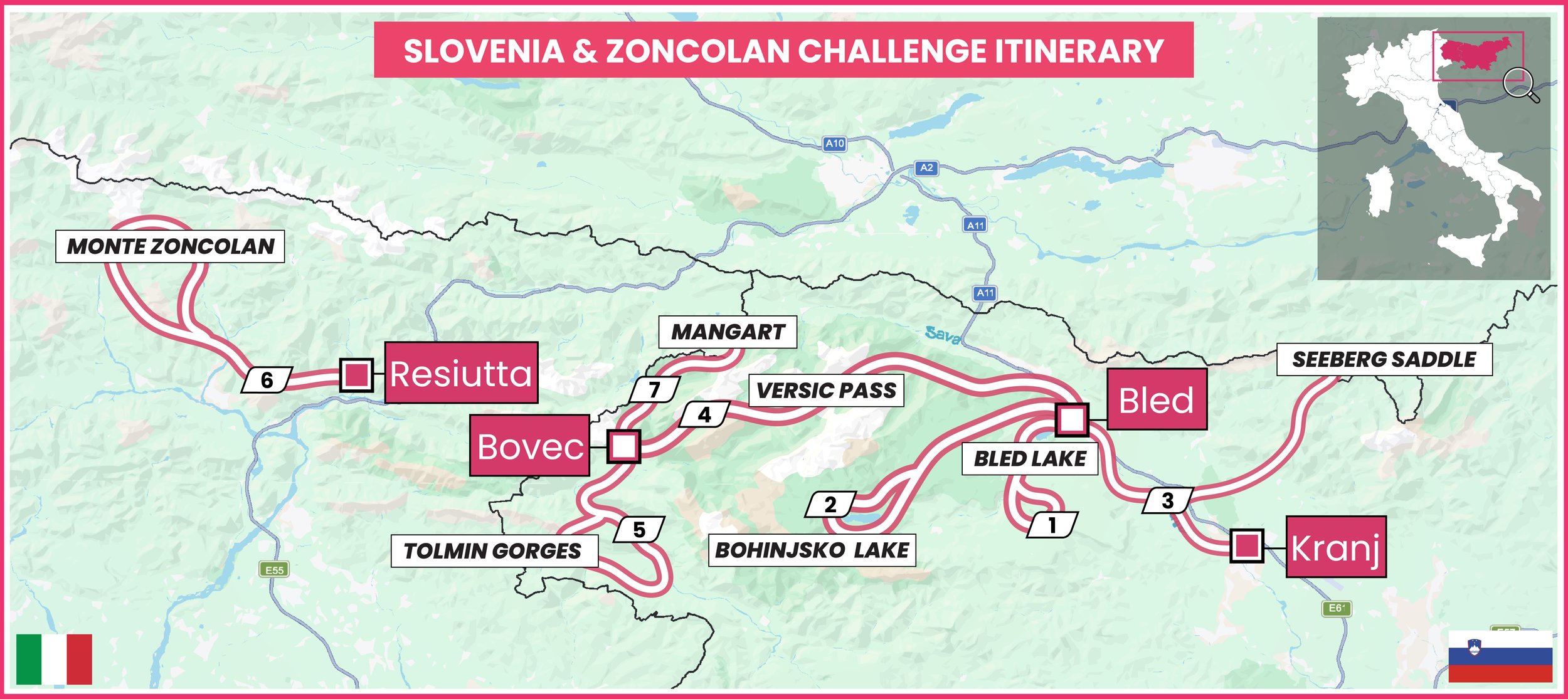 Slovenia & Zoncolan cycling tour itinerary map