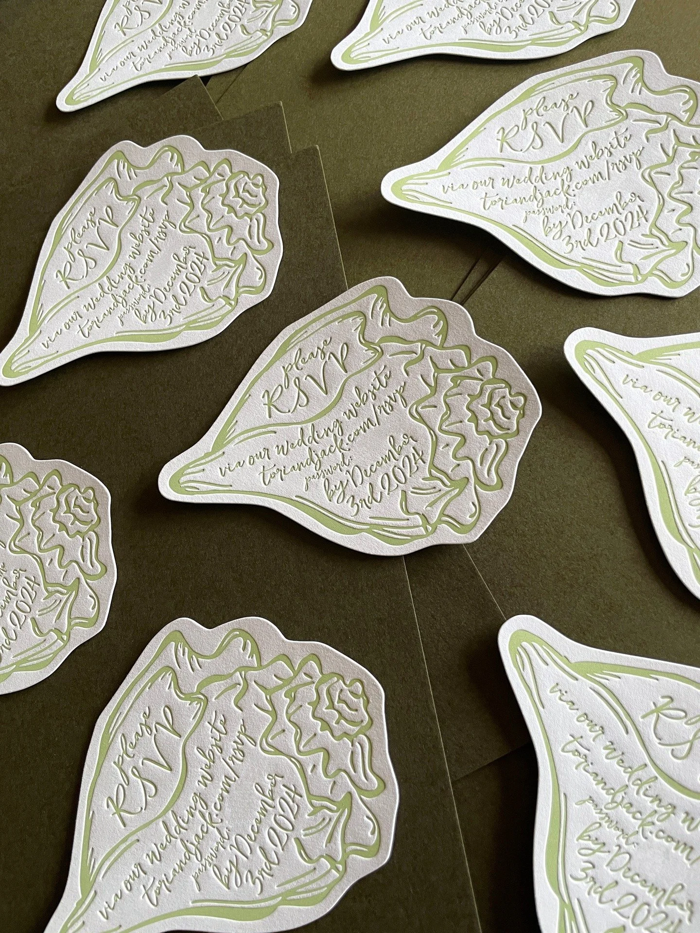 Special request from the bride 🐚custom die cut and letterpress reply conch shells.