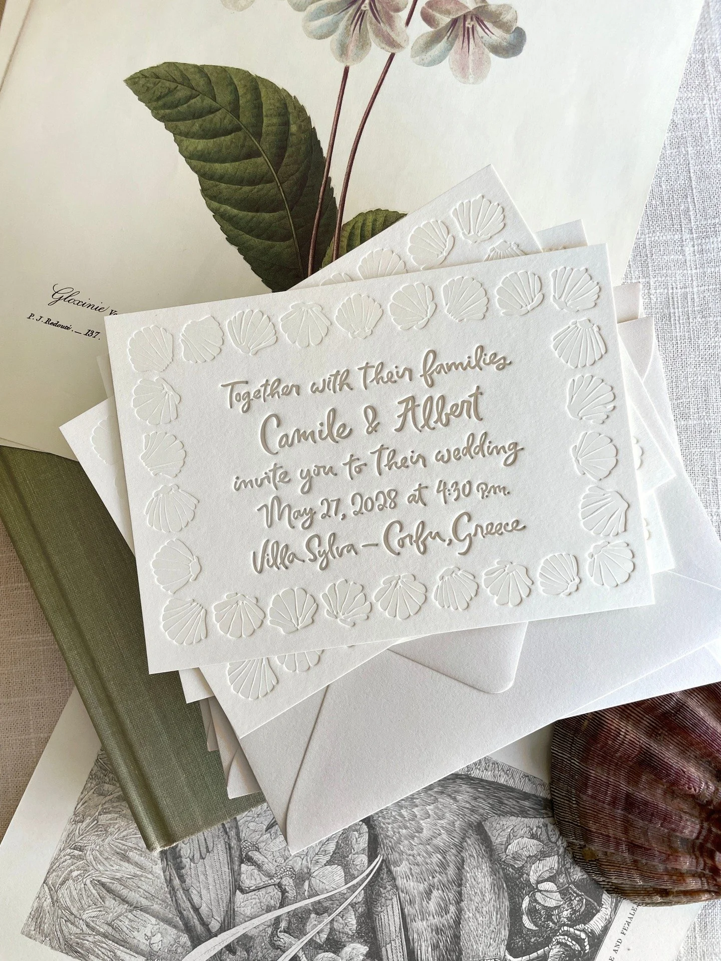 Calypte collection design - this soft tonal version pairs letterpress brush lettering with blind debossed shells for added texture. Calypte is also offered as an all letterpress design in one color or multi, with a typography option in place of the l