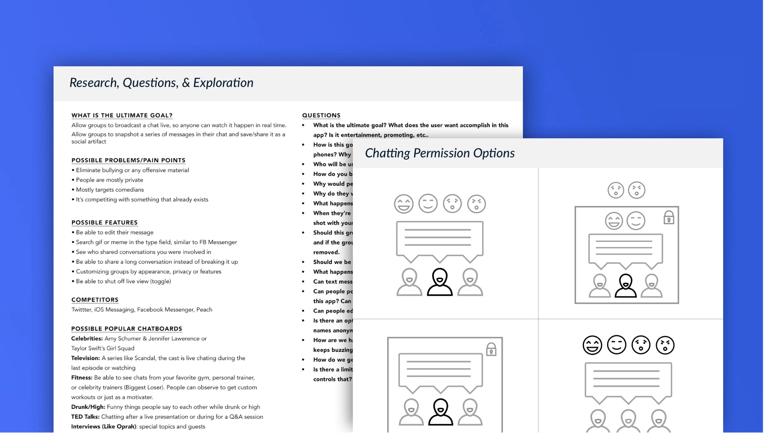 Competitive Research, Feature Exploration &amp; Problem Areas (Left) and Visual of Chatting Permissions (Right)