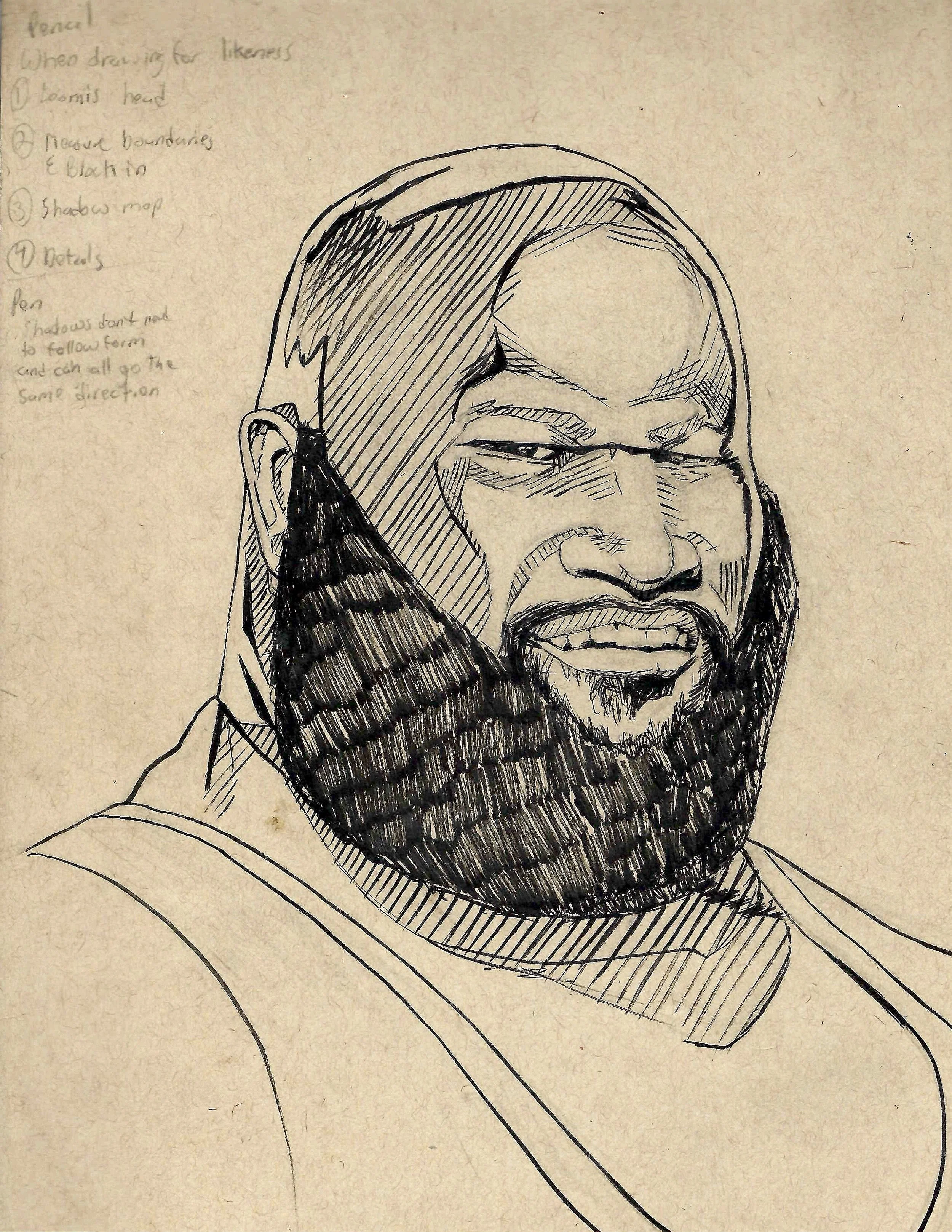 A detailed pen sketch of a man with a full beard and mustache, wearing a hood. The sketch shows the man's face with expressive features and shading, with handwritten notes on the left side of the paper.