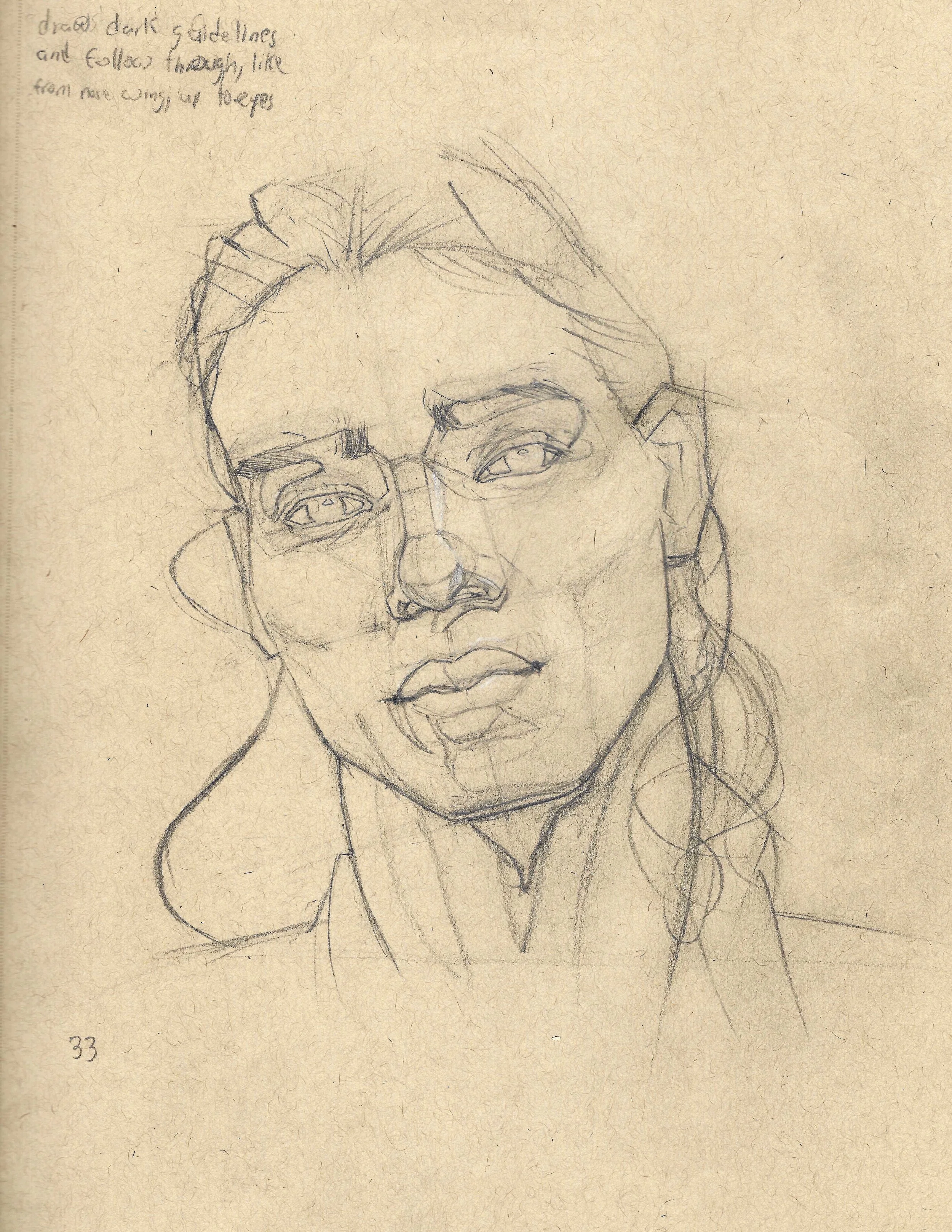 Sketch of a woman's face with glasses, detailed lips, and loosely drawn hair. Handwritten notes at the top left corner mention 'dark dark guidelines and follow though like from near wings up to eyes.'