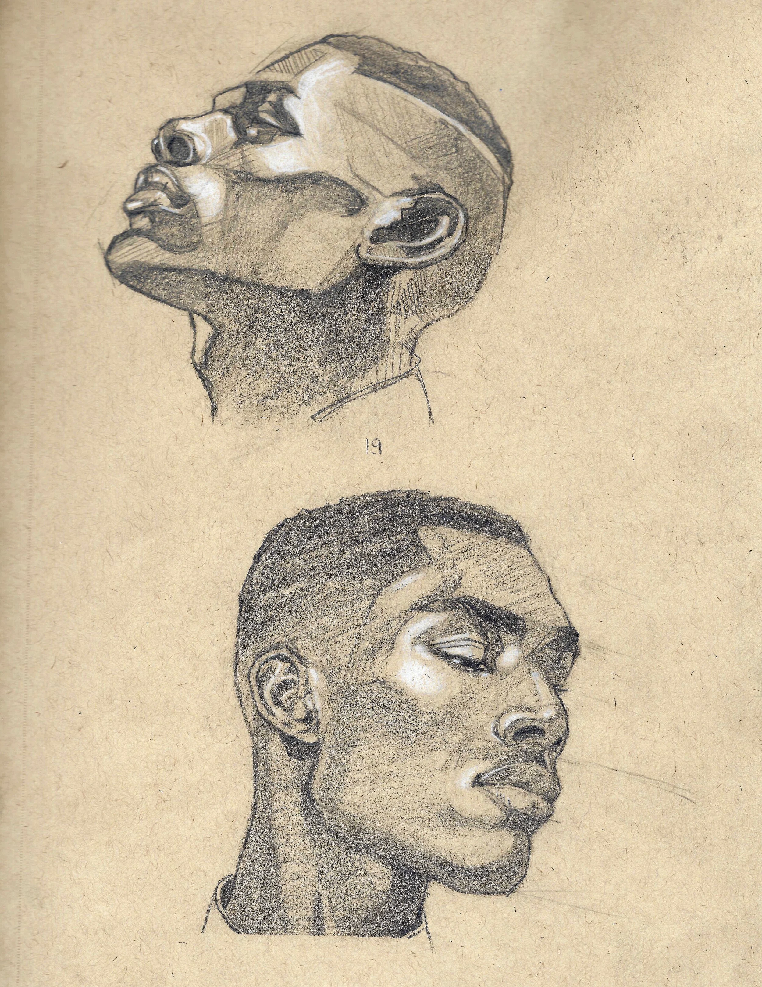 Sketch of two portraits of women with short hair, one in profile with head tilted back and eyes closed, the other with face angled to the side with eyes closed.