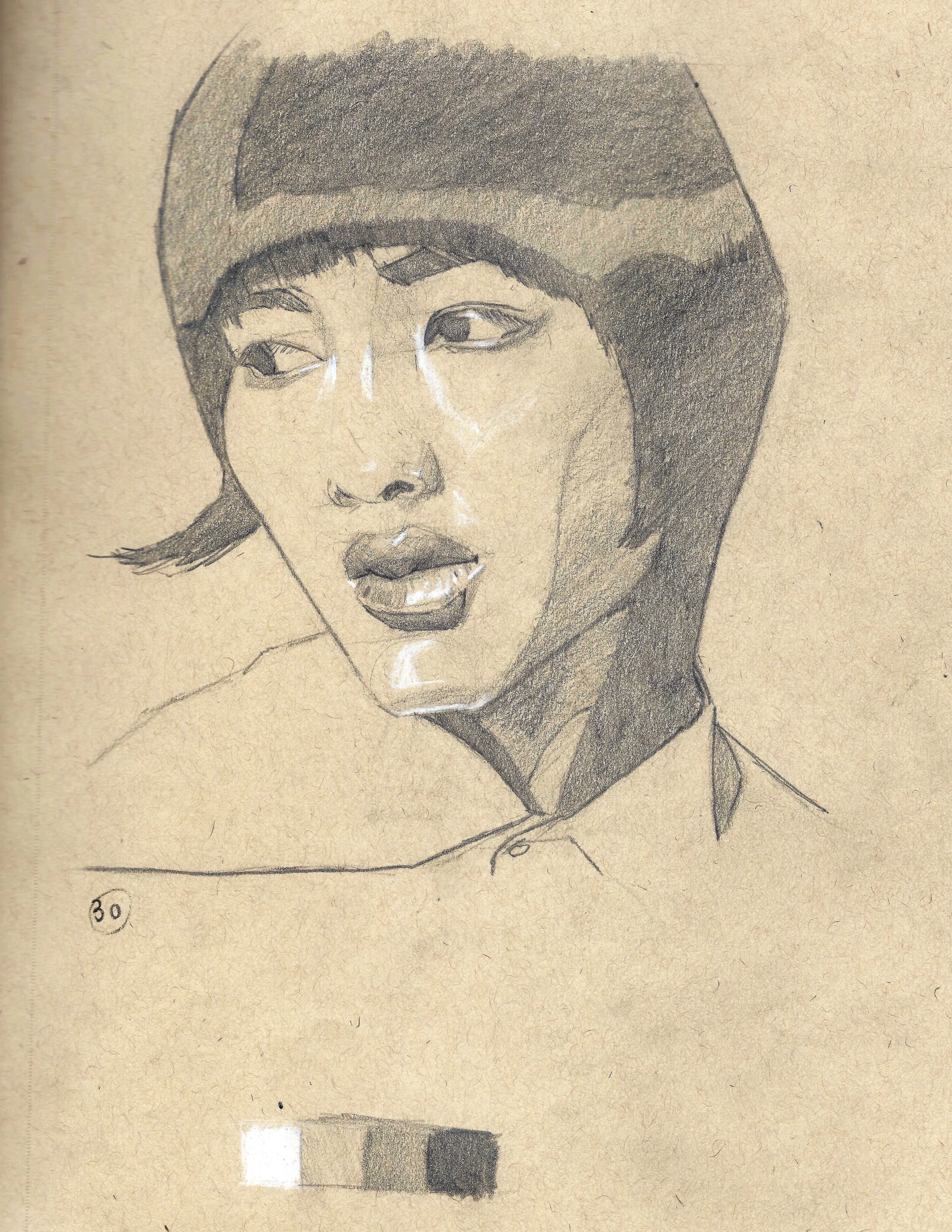 Pencil sketch of a young woman with short hair wearing a hat and a collared shirt, with shading details on her face and lips.