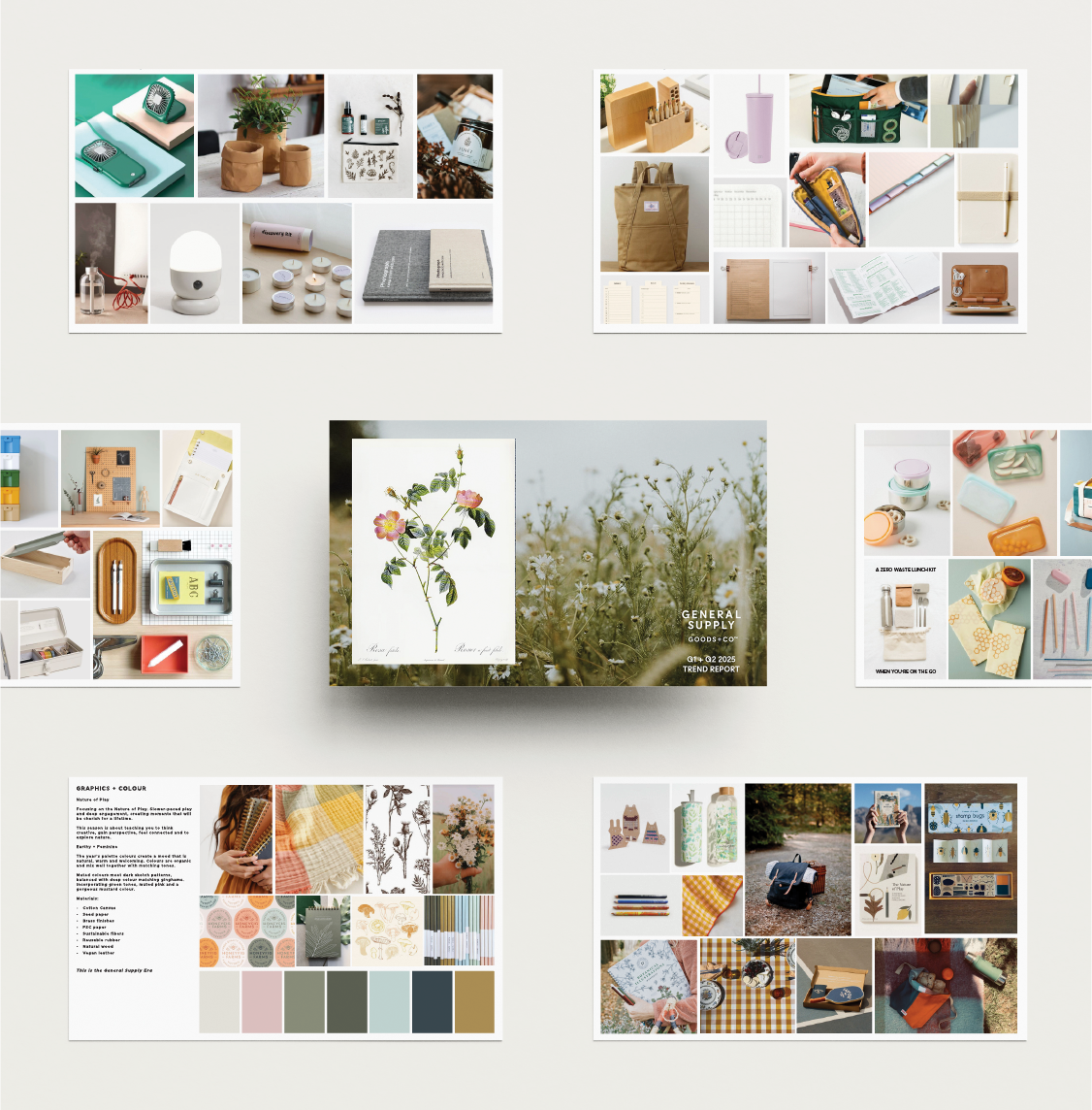 Collage of various lifestyle and product images including plants, notebooks, office supplies, bags, accessories, and nature photography, arranged around a central image of a flower illustration on a card with a field background.