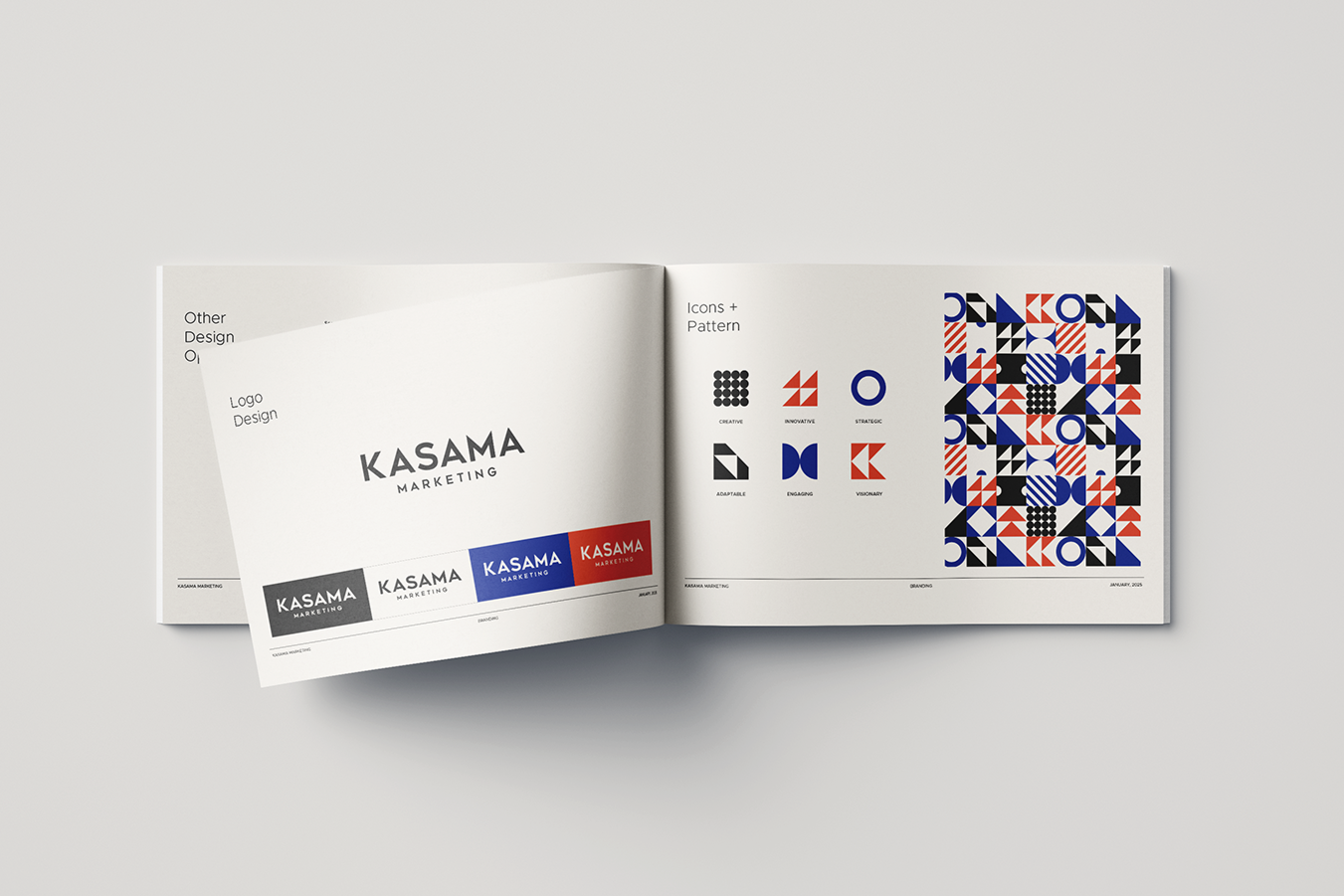 Open brand guideline booklet with branding and graphics for Kasama Marketing on a white background.