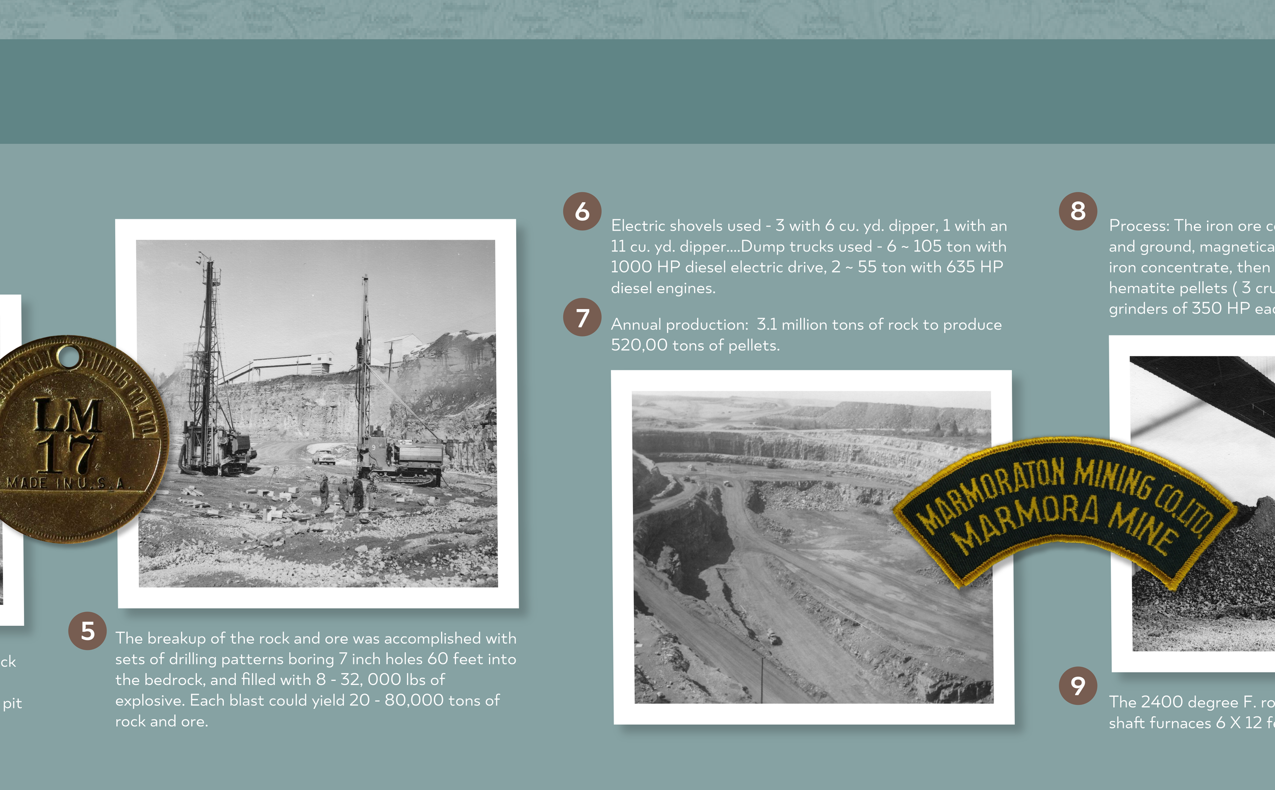 Historical photograph of mining equipment and infrastructure, featuring drilling and blasting activities at a mining site, with a certificate badge overlay.