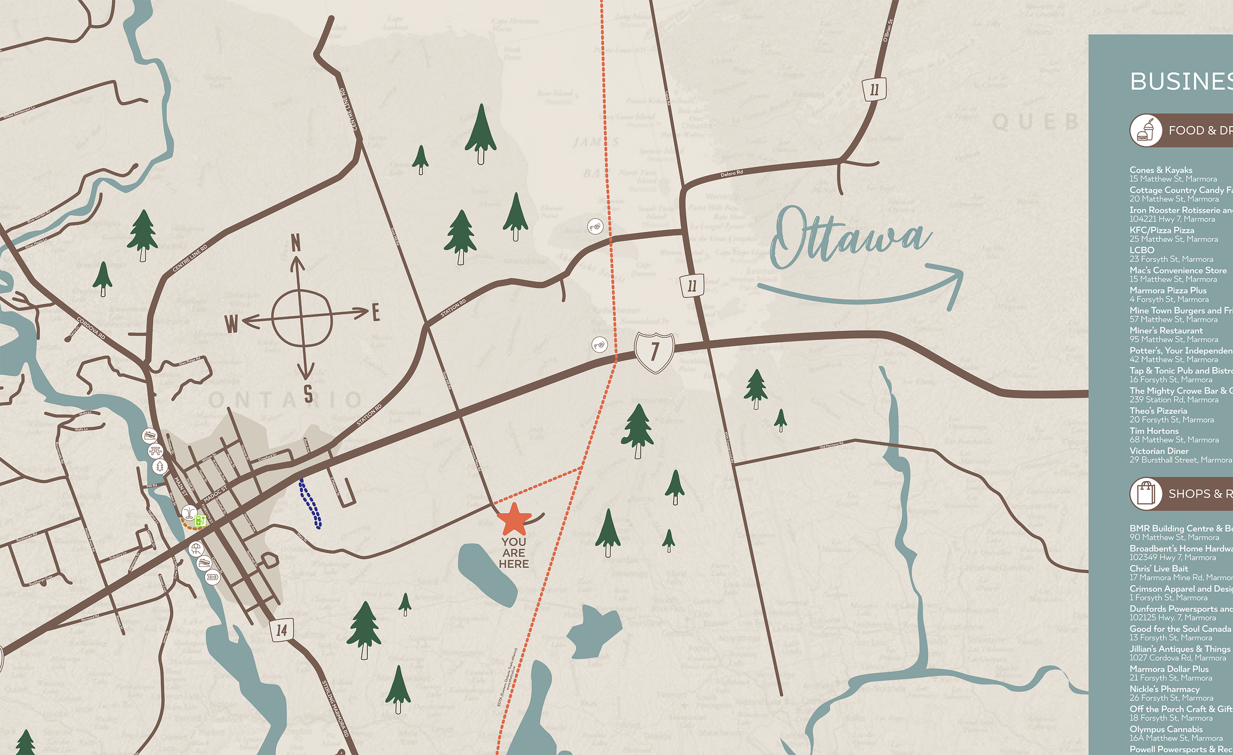 Map of Ottawa showing roads, rivers, green trees, and landmarks with sidebar listing food and drink establishments.