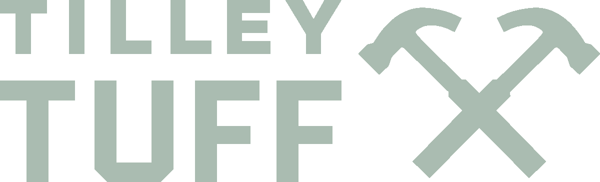 The image features the logo of Tilley Tuff, with the company's name in bold gray text and two gray hammers crossed over each other to the right of the text.