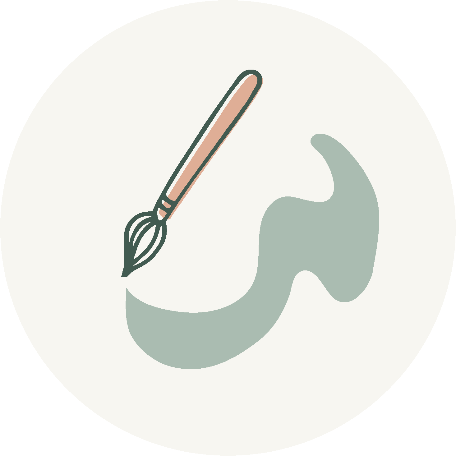 Illustration of a paintbrush and a plant leaf with a light-colored circular background.