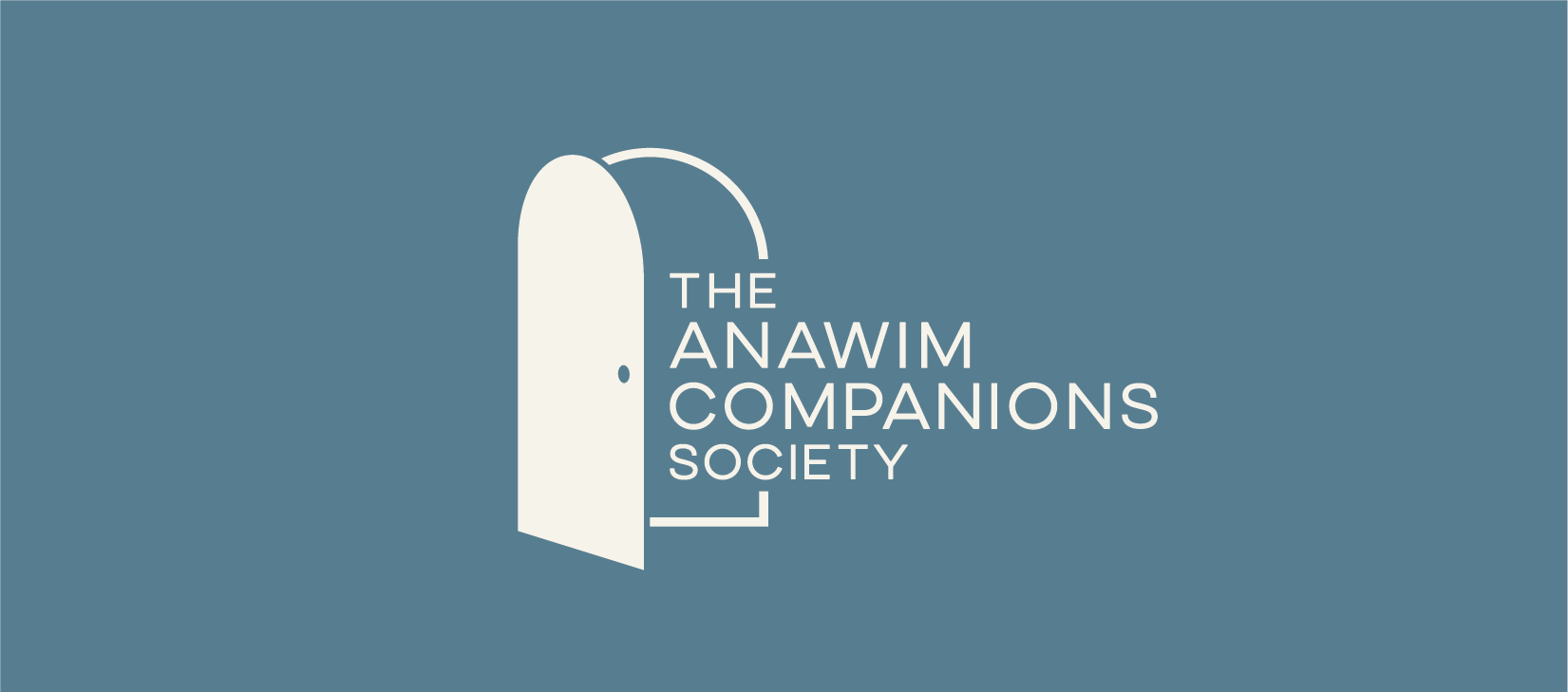 Logo of the Anawim Companions Society featuring a stylized door opening with the society's name beside it on a blue background.