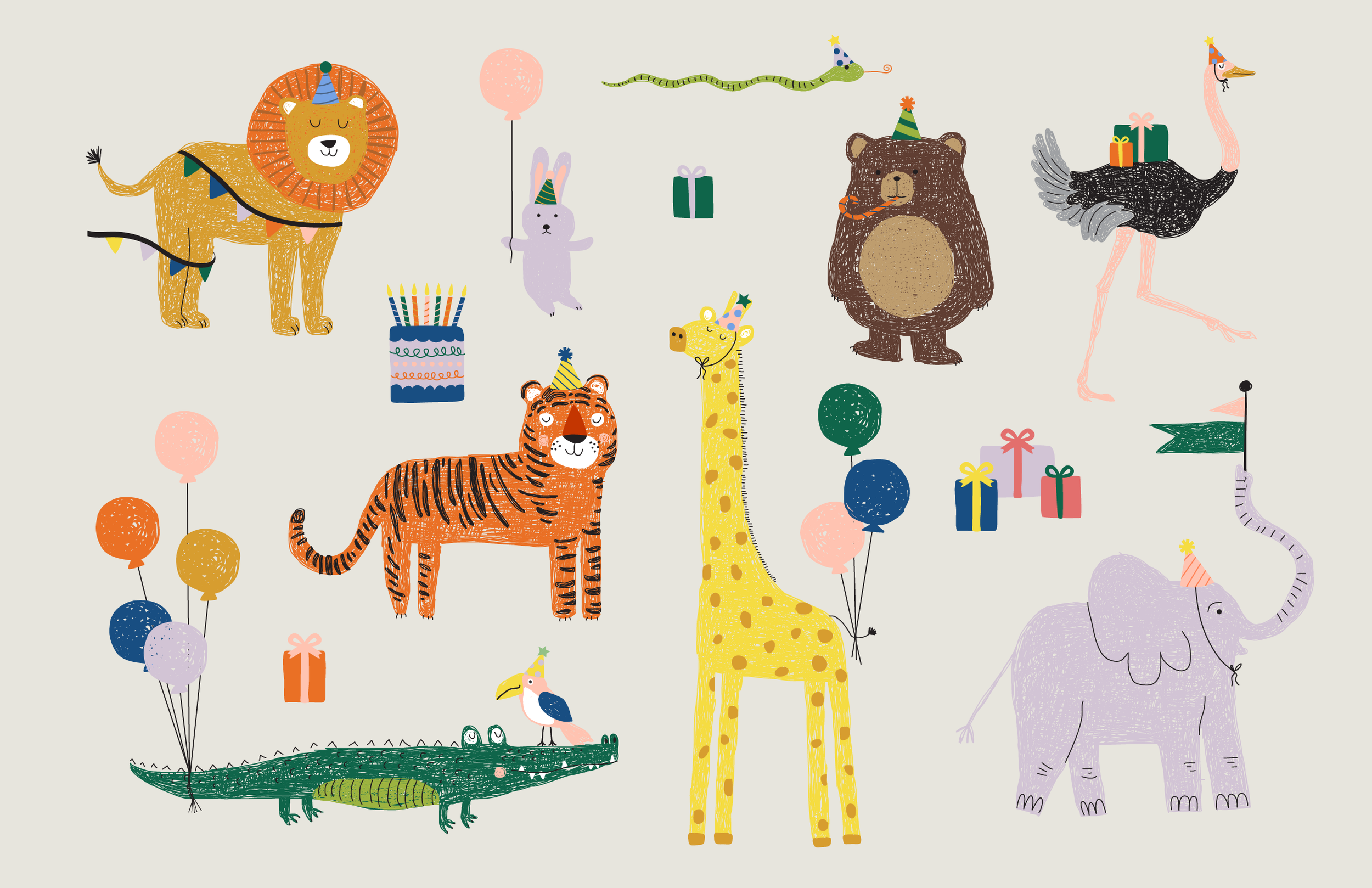 Colorful illustrated animals at a celebration with party hats, balloons, and presents. The animals include a lion, rabbit, tiger, giraffe, bear, ostrich, elephant, crocodile, and toucan.