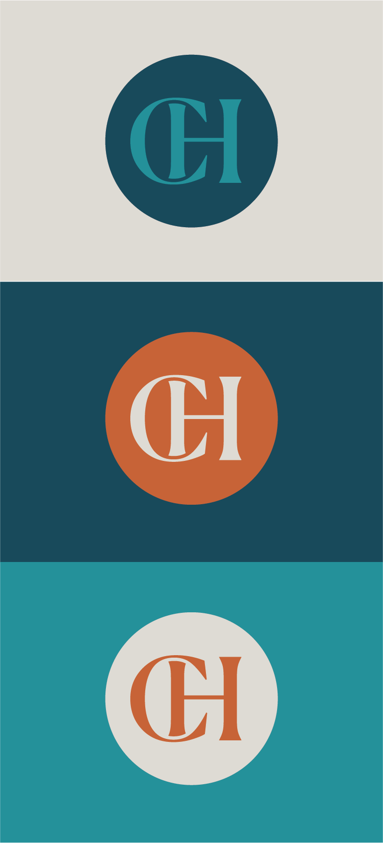 Three different logos with the letters 'CH' inside circles, each with unique background colors and circle colors.
