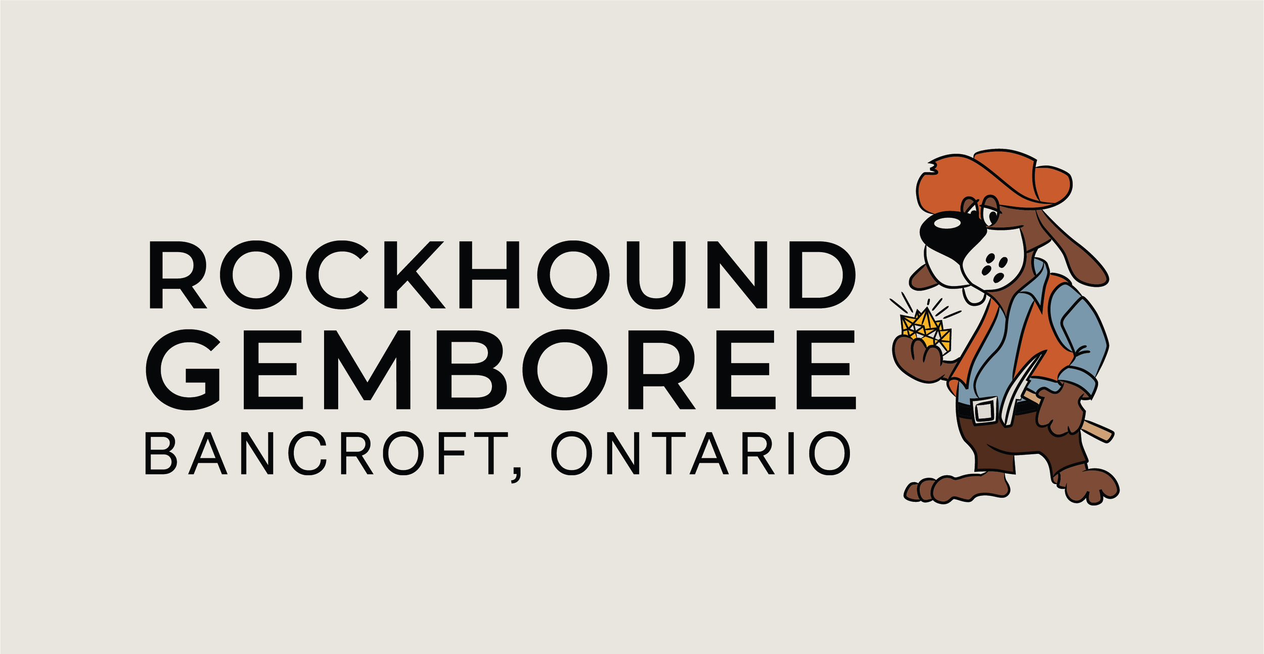 Logo for Rockhound Gemboree in Bancroft, Ontario featuring a cartoon rockhound holding a yellow geode