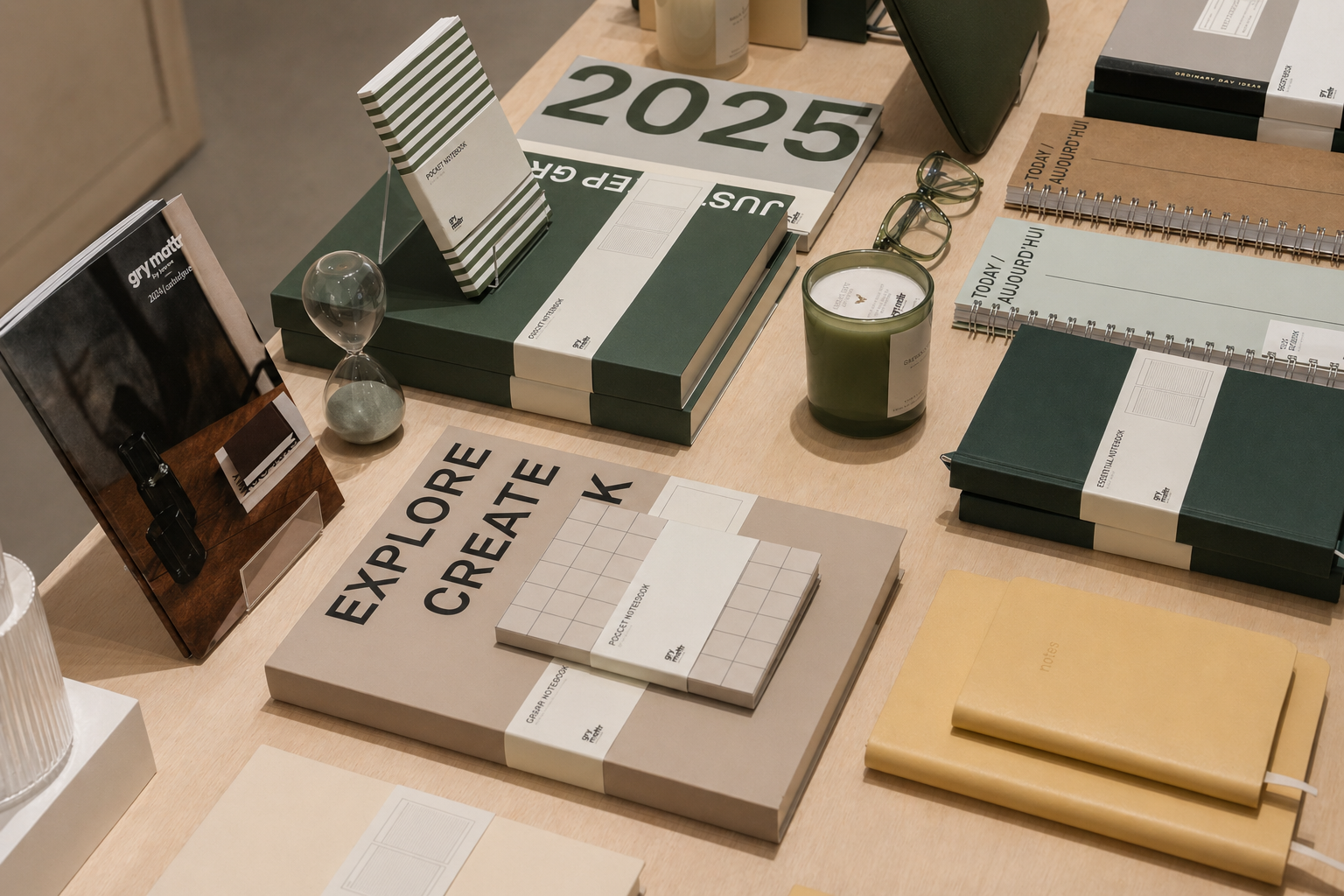 A desk display with notebooks, planners, and stationery, including a large 'EXPLORE CREATE' notebook, a candle, a pair of glasses, a decorative hourglass, a small sign, and various planners and notebooks arranged neatly.