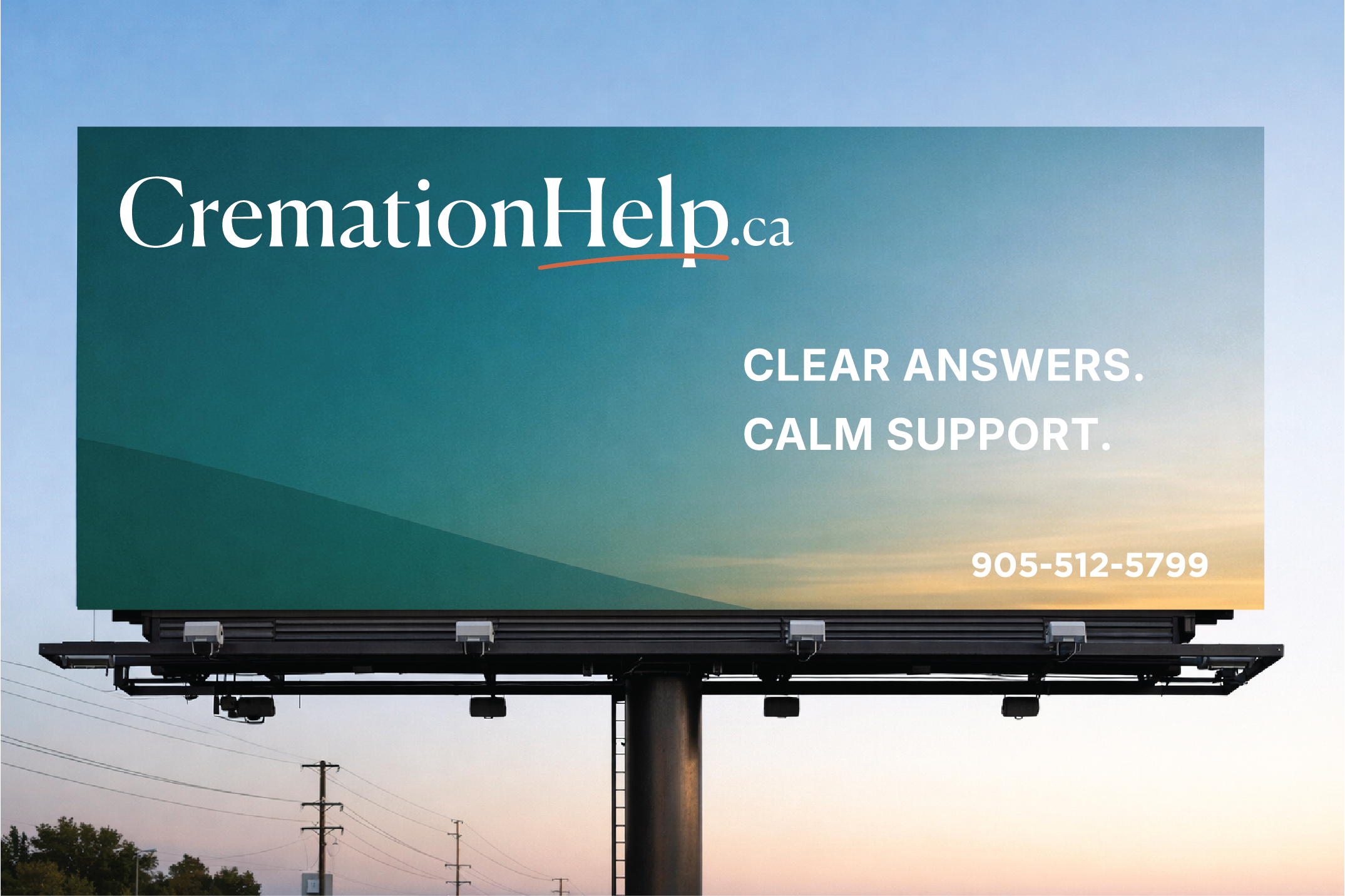 Billboard advertising CremationHelp.ca with a sunset sky in the background, displaying a phone number 905-512-5799.