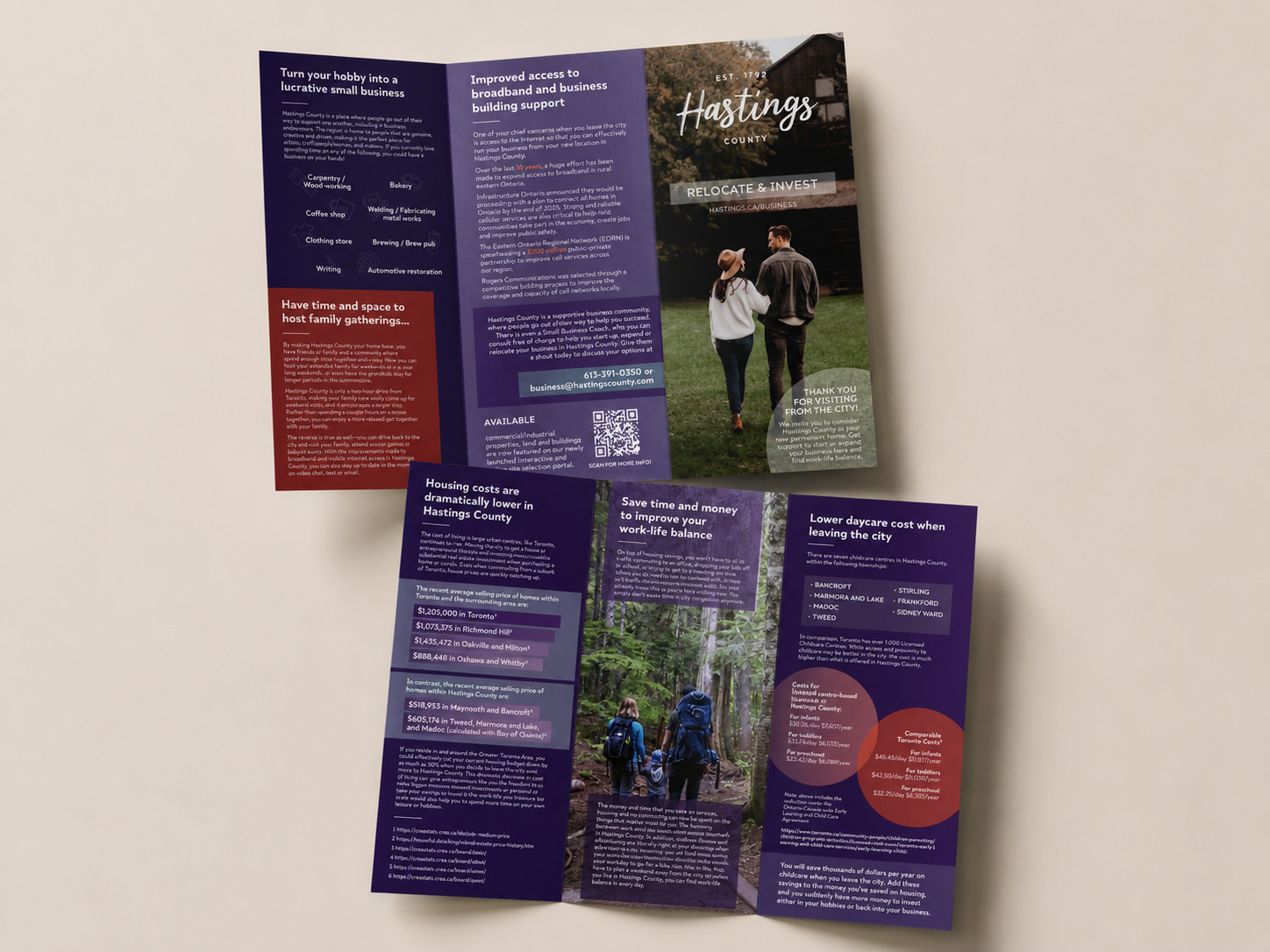 A trifold brochure with information about Hastings County in American English. The brochure features a scenic photo of a couple walking in a green outdoor setting on the front panel. Inside, it includes text about affordable housing, cost of living, daycare costs, business support, and community development, along with maps and contact details.