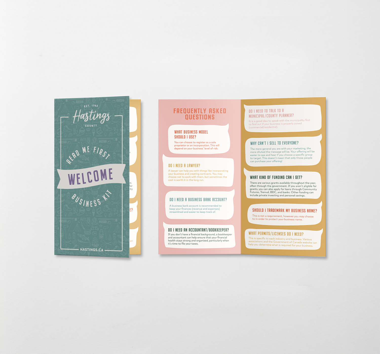 Brochure for Hastings County business kit, with a front cover labeled "WELCOME" and inside pages with frequently asked questions about starting a business, including topics like business models, legal help, bank accounts, funding, trademarks, licenses, and permits.