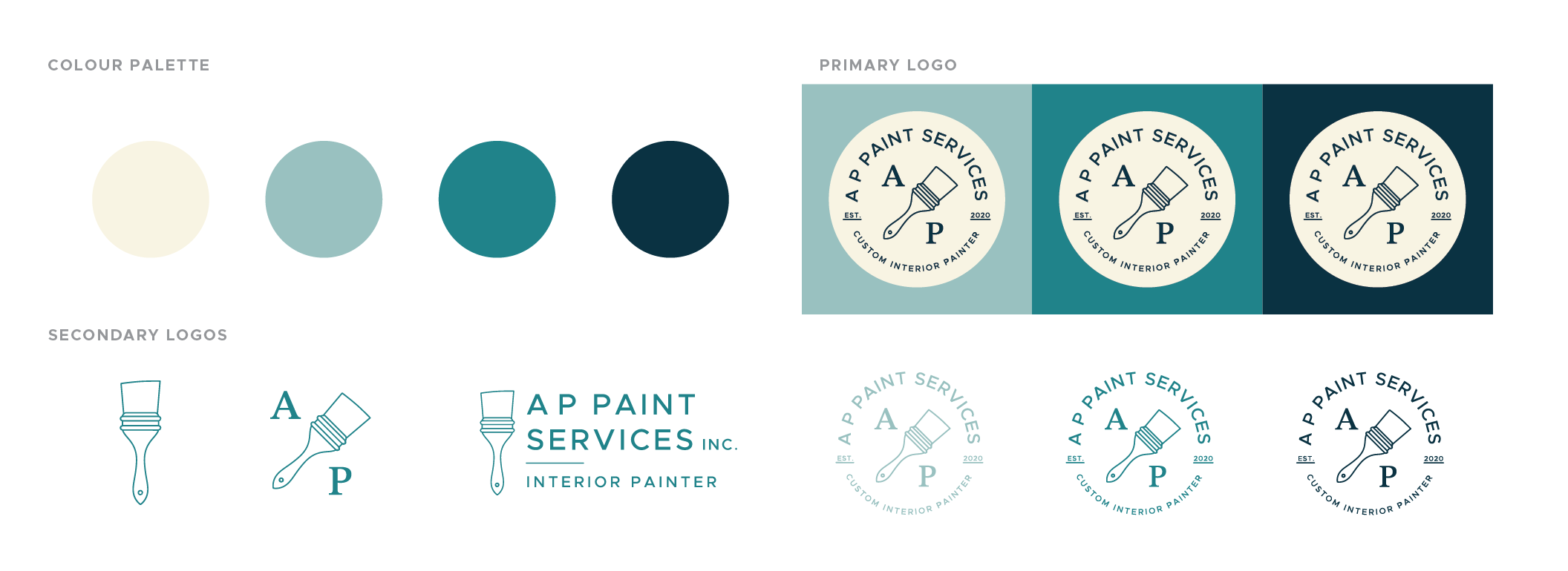 Brand logo collection with color palette, logo variations, and design elements for A P Paint Services, a custom interior painter. The color palette includes cream, light blue, teal, and navy. Logo variations feature a paintbrush with the letter 'A' and 'P' and circular logo with text and paintbrush graphic.