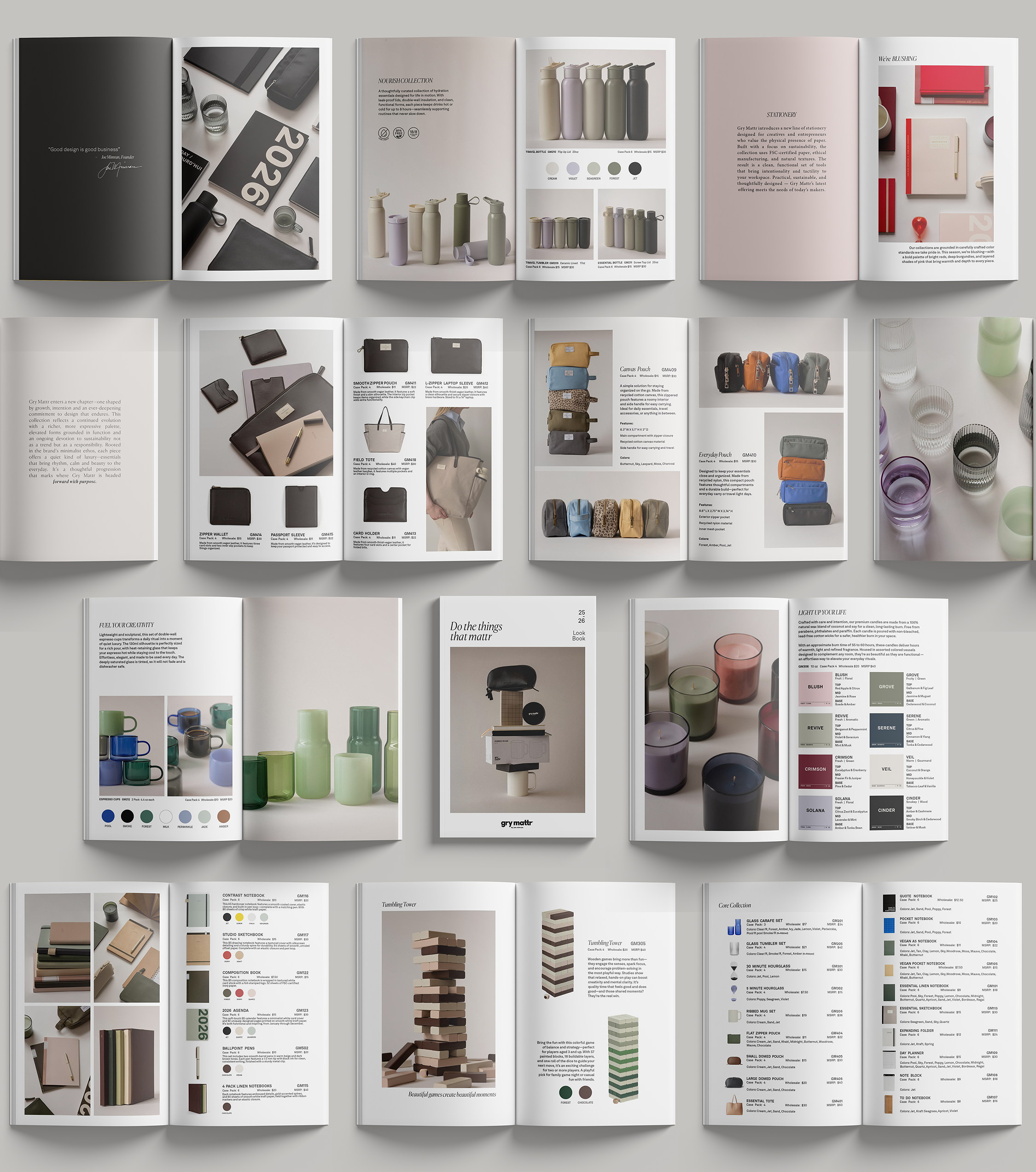 Open magazines displaying various products including bottles, containers, bags, notebooks, and home decor items, with some pages showing product descriptions and color options.