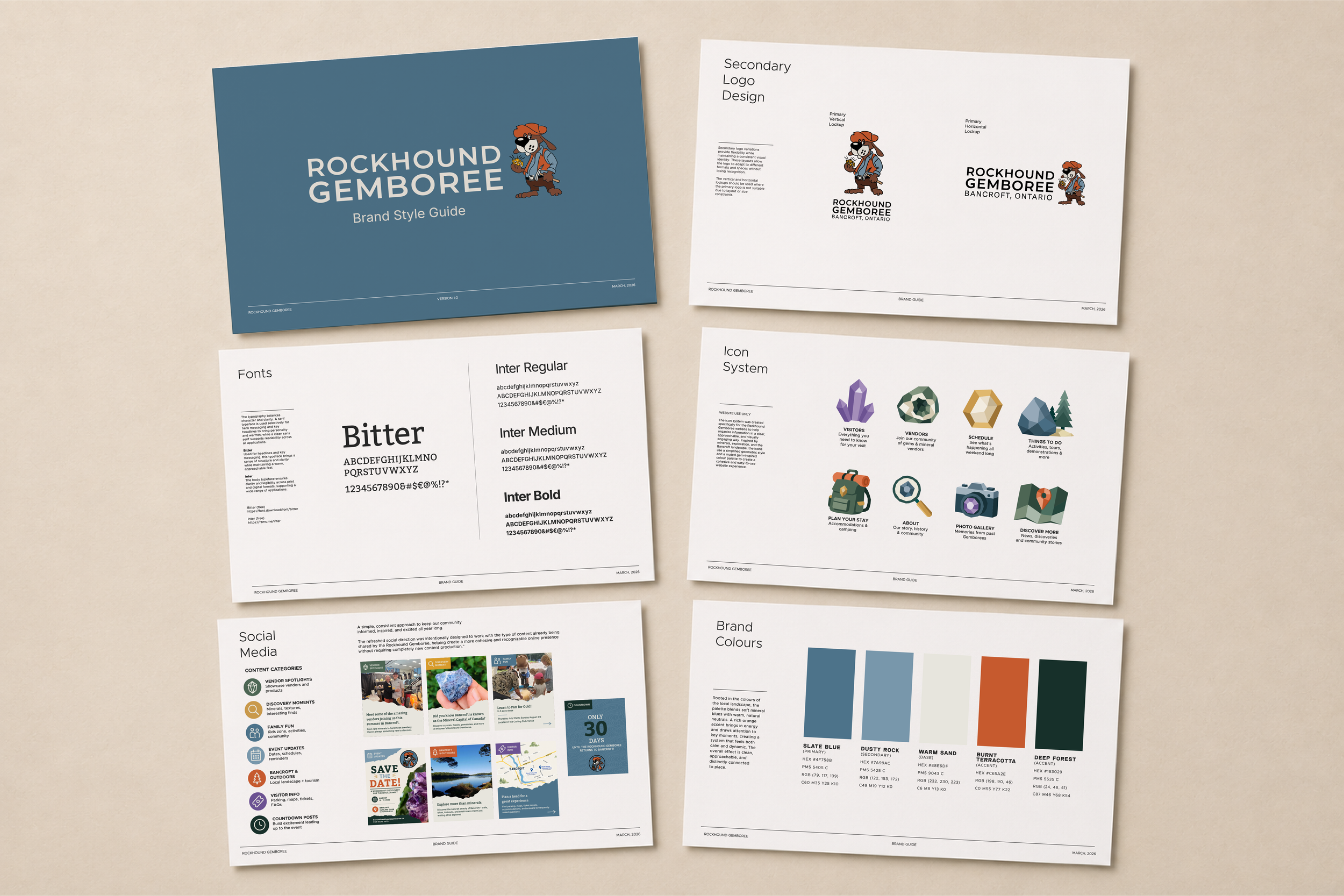 A collection of printed branding style guide pages, including sections on logos, fonts, icon systems, colors, social media, and upcoming events for RockHound Gemboree, with illustrations, charts, and sample layouts.