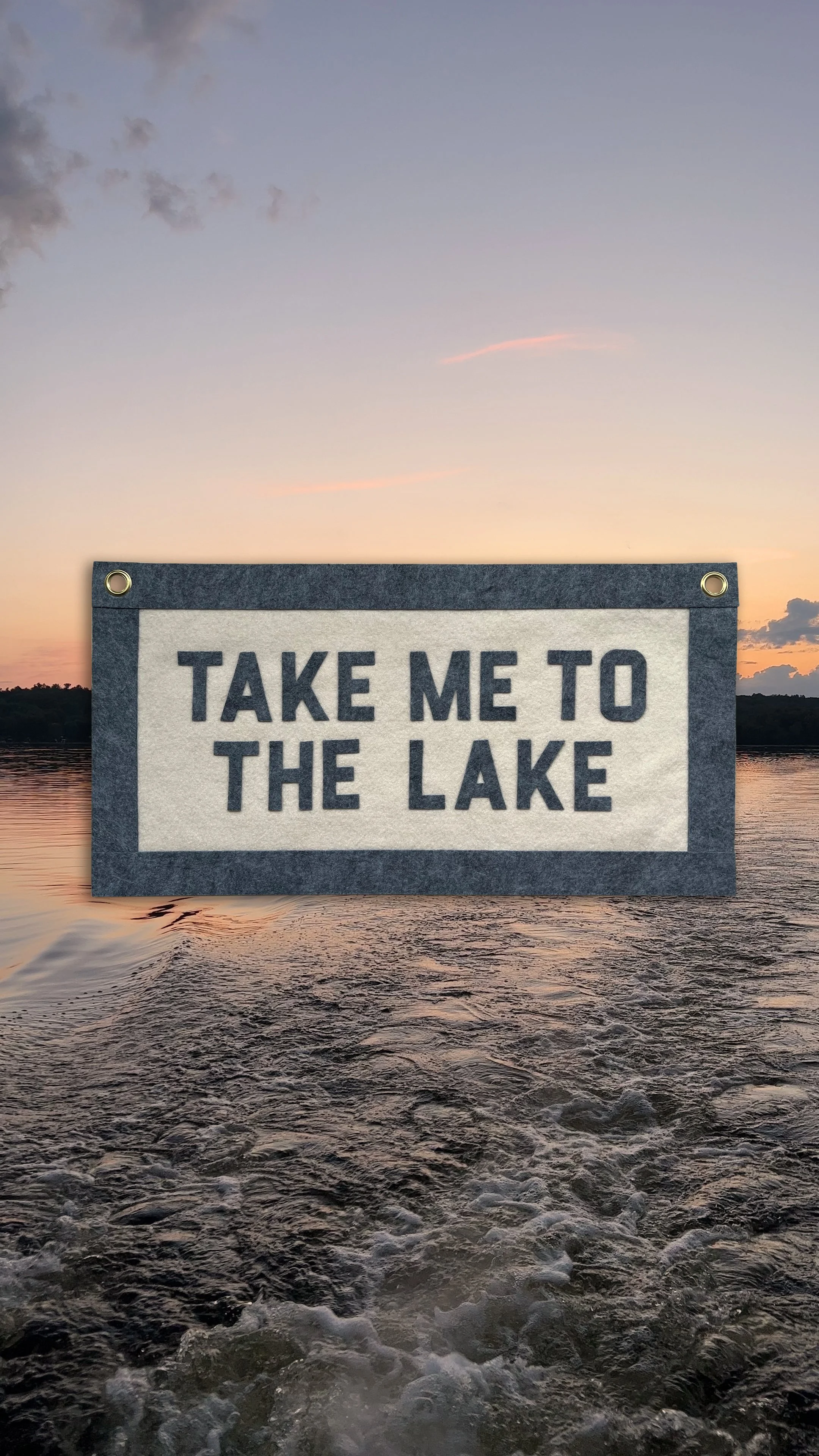 A sign that says 'Take me to the lake' floating on the water at sunset, with a sky of soft pastel colors and trees in the background.