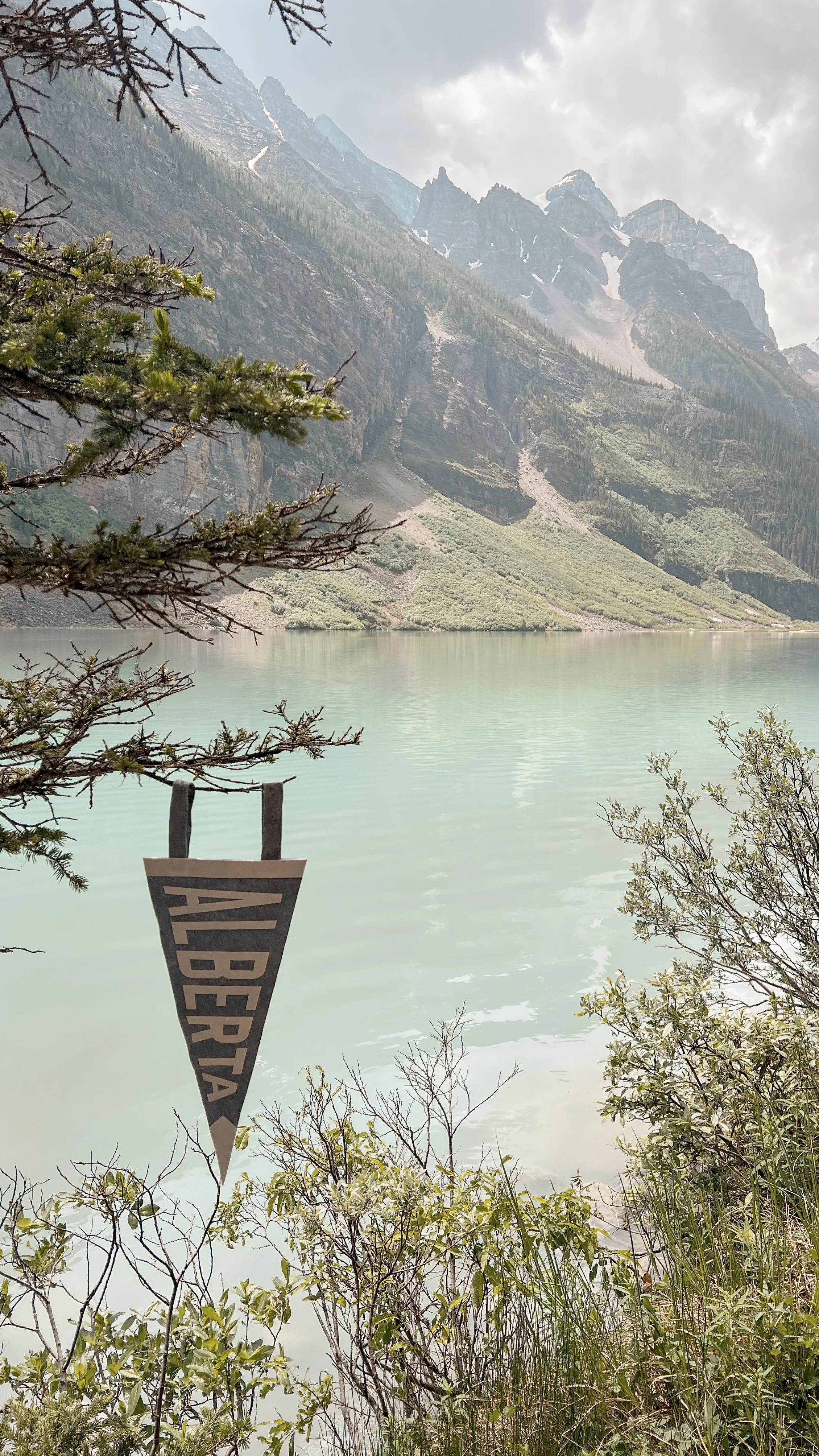 Mountain lake with cloudy sky, trees in foreground, and a small sign hanging from a branch with the word 'ABERTE' visible.
