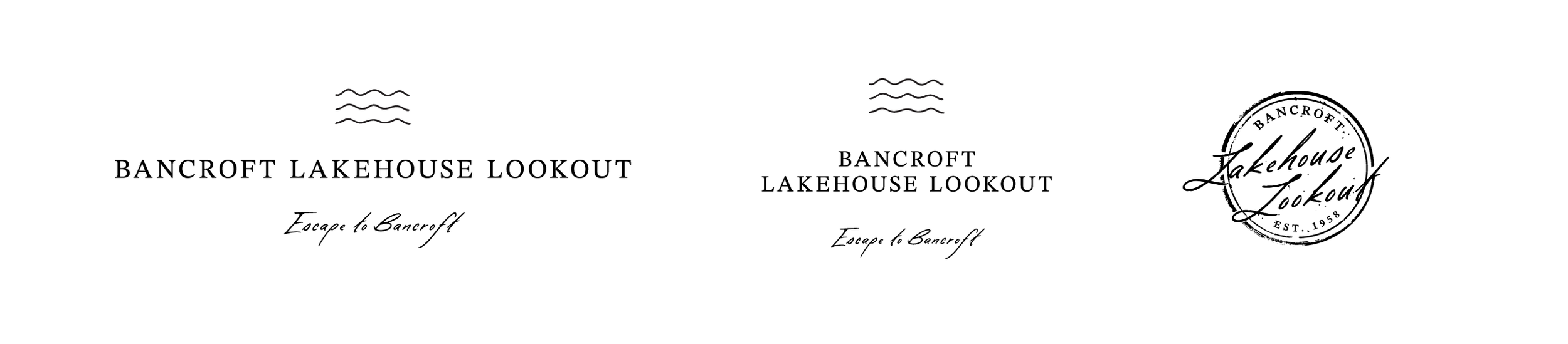 Three variations of a logo for Bancroft Lakehouse Lookout, each with text and graphic elements on a white background.