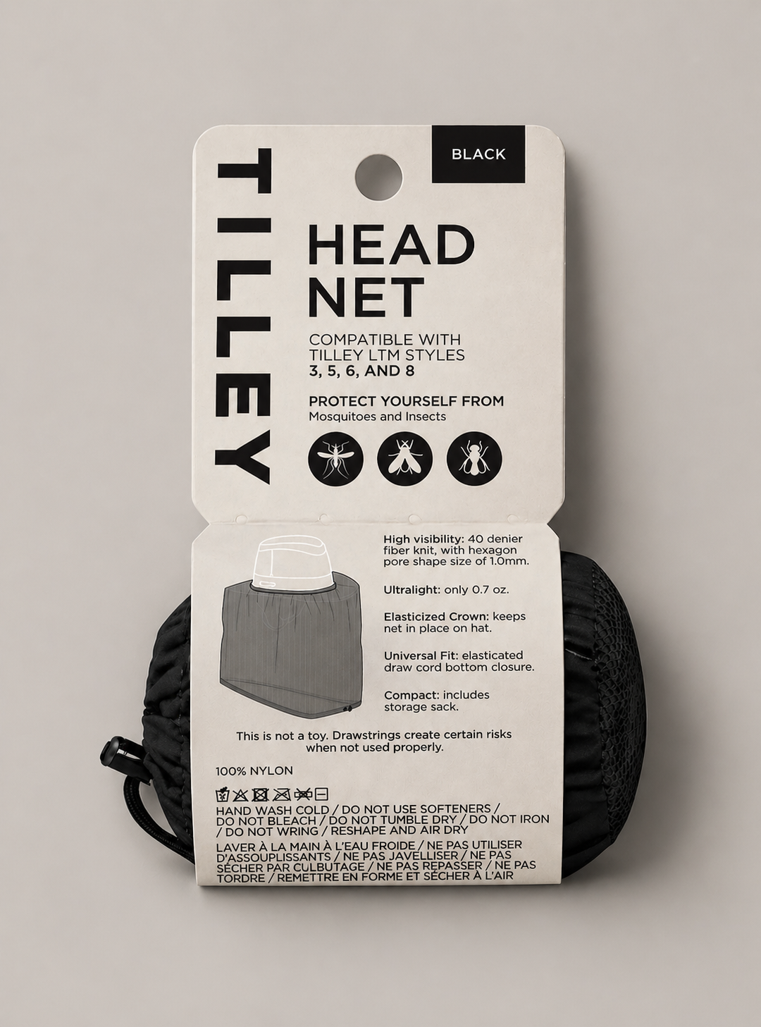 Package for a head net with instructions and illustrations, including features like high visibility mesh, ultralight weight, elasticized crown, universal fit, and a storage sack.
