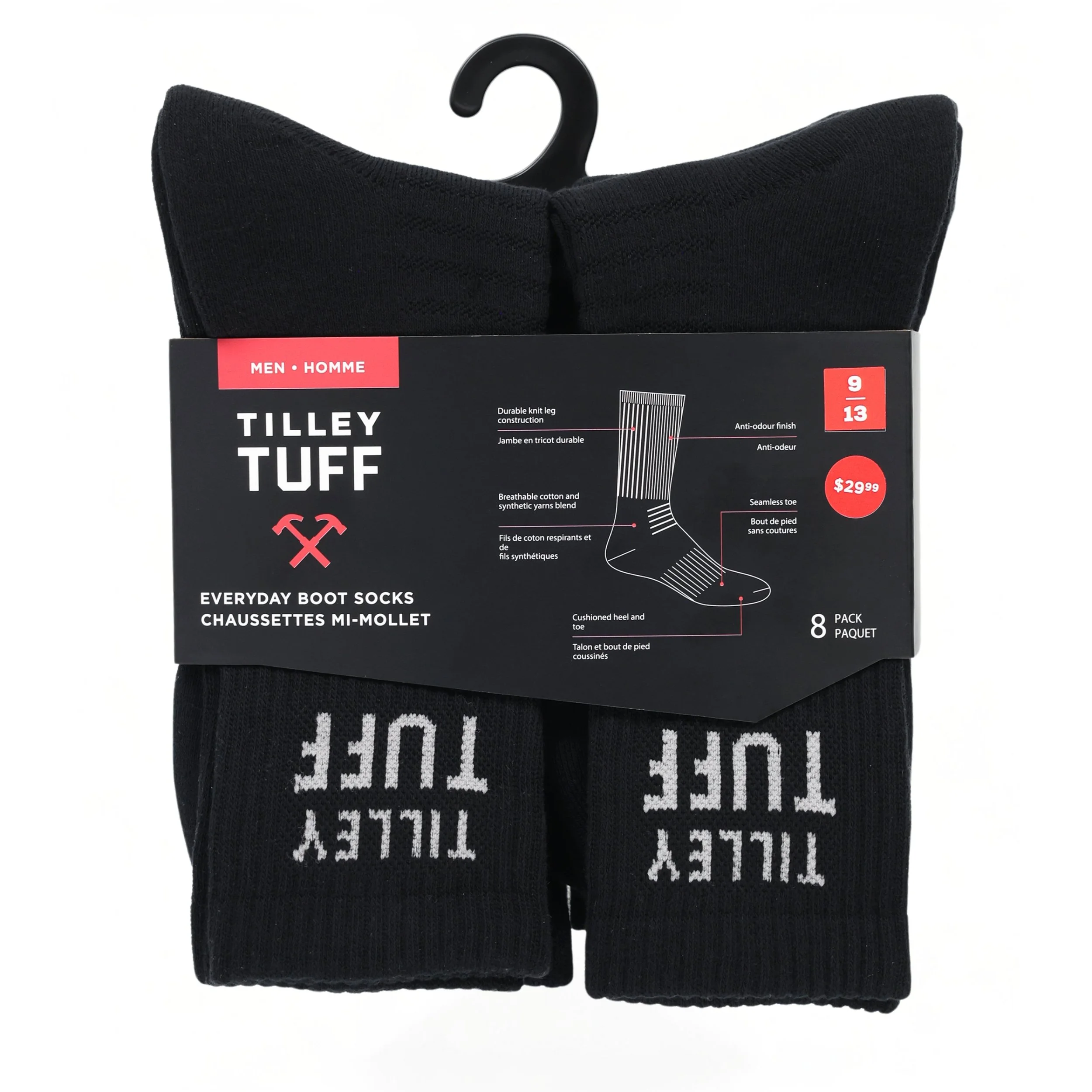 A pair of black Tilley Tuff everyday boot socks shown in packaging with a hanger on top.