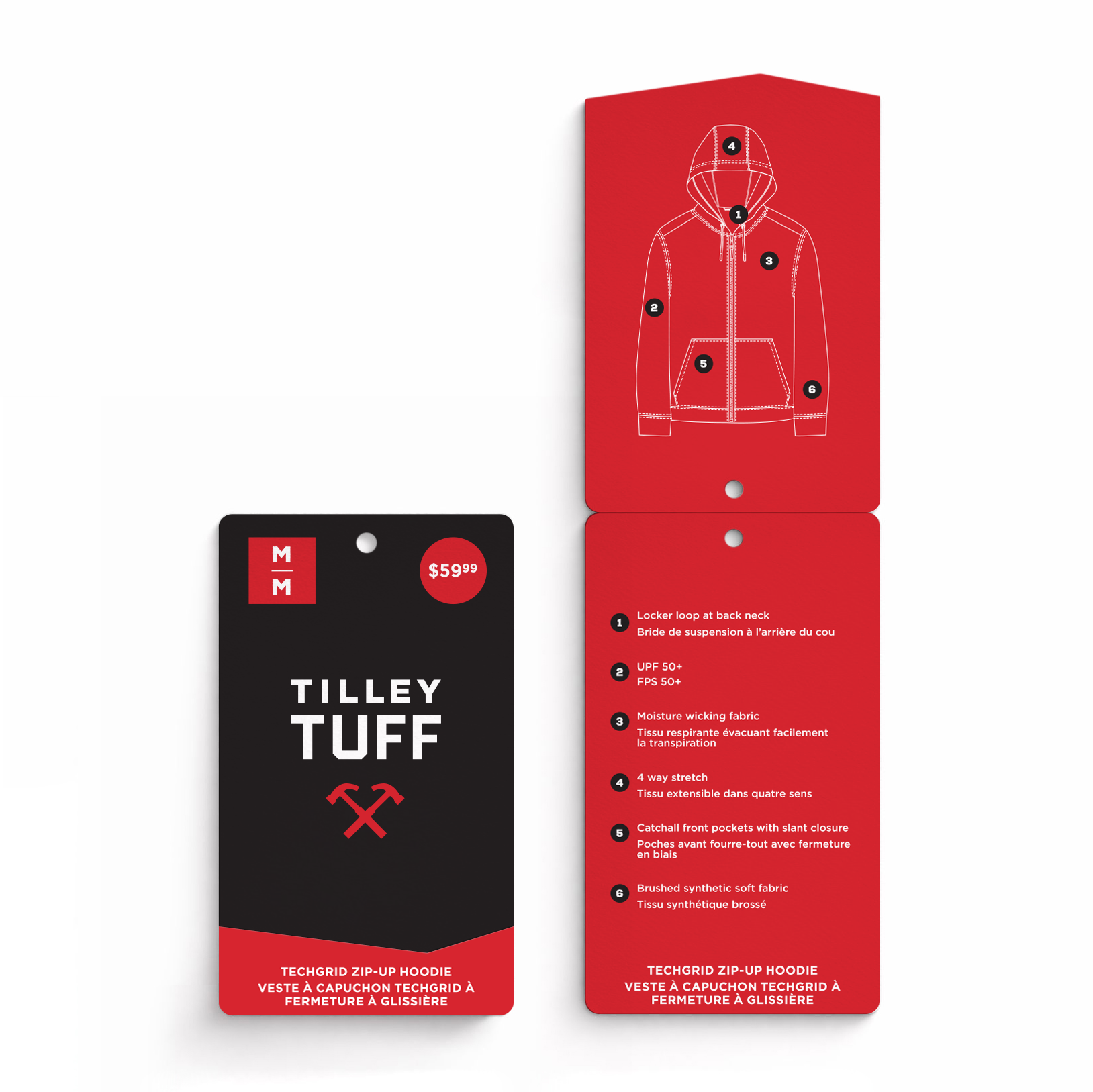 Two product tags for a hoodie. The first tag is black with the words "Tilley Tuff" and a price of $59.99. The second red tag has a diagram of a hoodie highlighting features such as a locker loop, UPF 50+ fabric, moisture-wicking fabric, four-way stretch, front pockets with slant closure, and brushed synthetic fabric.