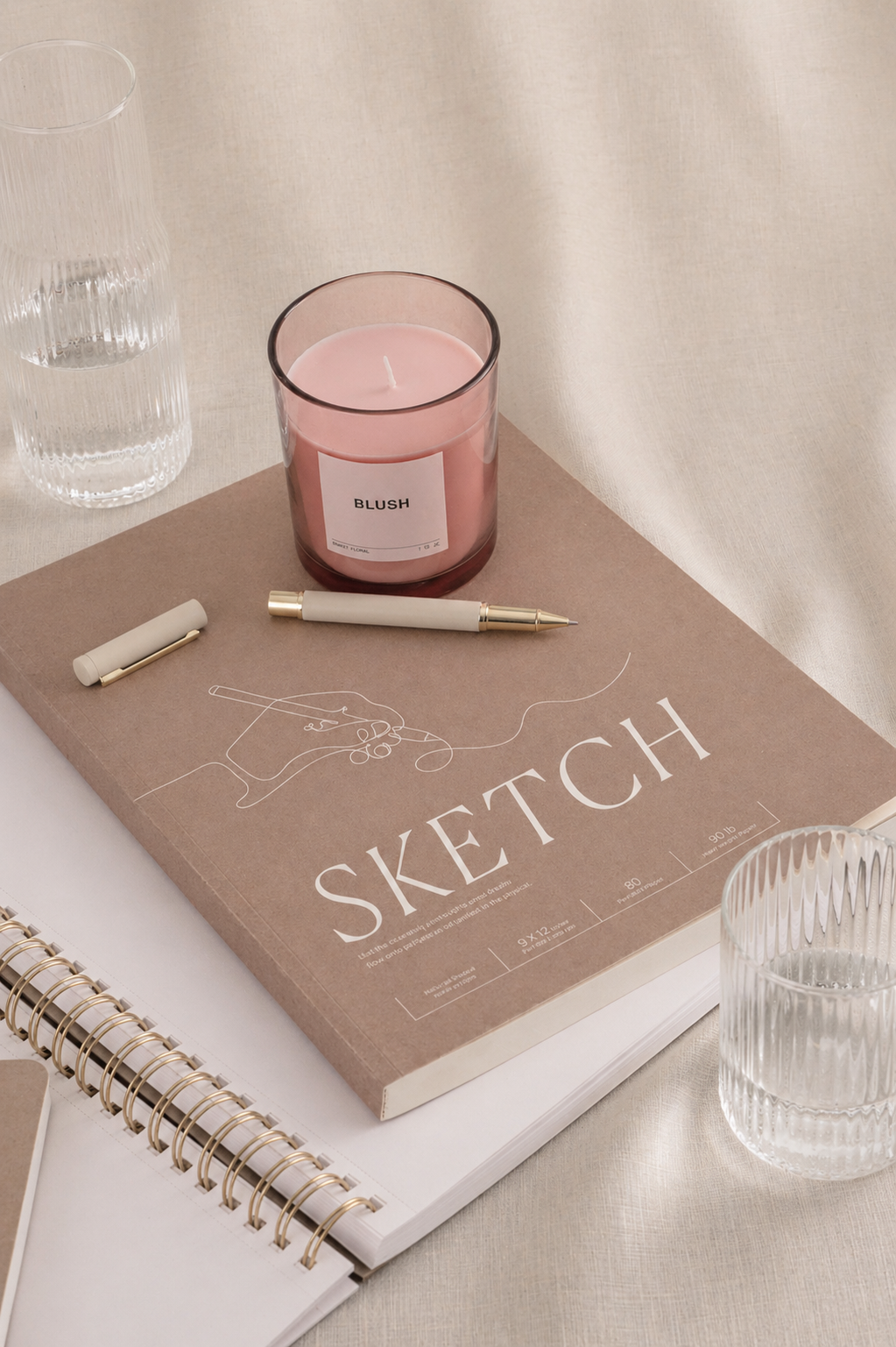 A workspace with a brown sketchbook titled "SKETCH", a white pen, a pink candle labeled "BLUSH", two glasses of water, and a spiral notebook on a beige table.