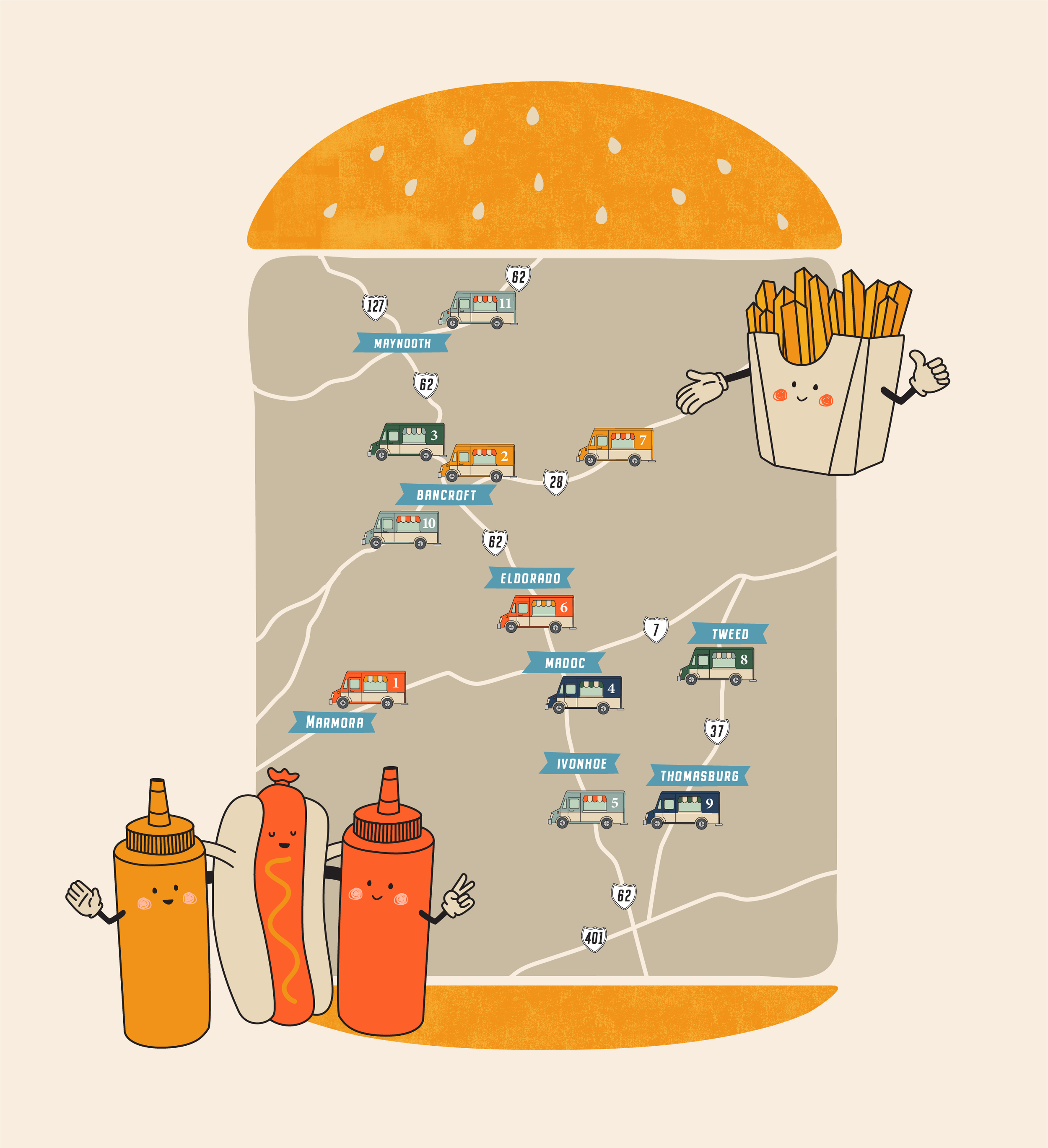 A map of a route through several towns with cars and a smiling cartoon ketchup, mustard, and hot sauce bottles character at the bottom left.
