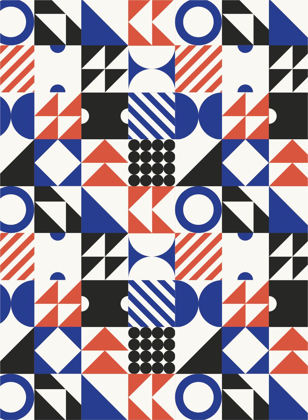 A colorful geometric pattern featuring red, white, black, and blue shapes arranged symmetrically.