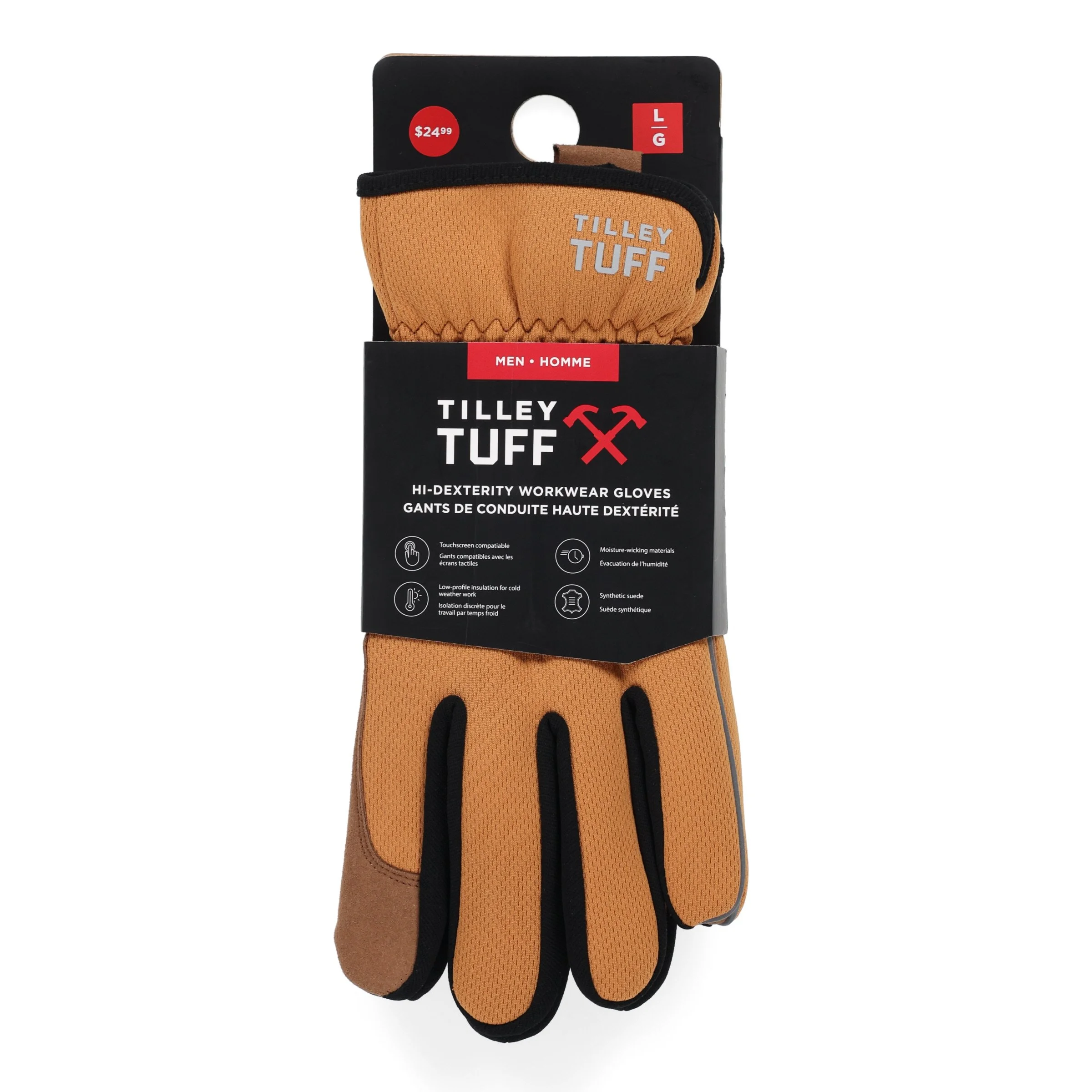 A pair of tan and black work gloves with the brand name Tilley Tuff on the back, attached to black cardboard packaging.