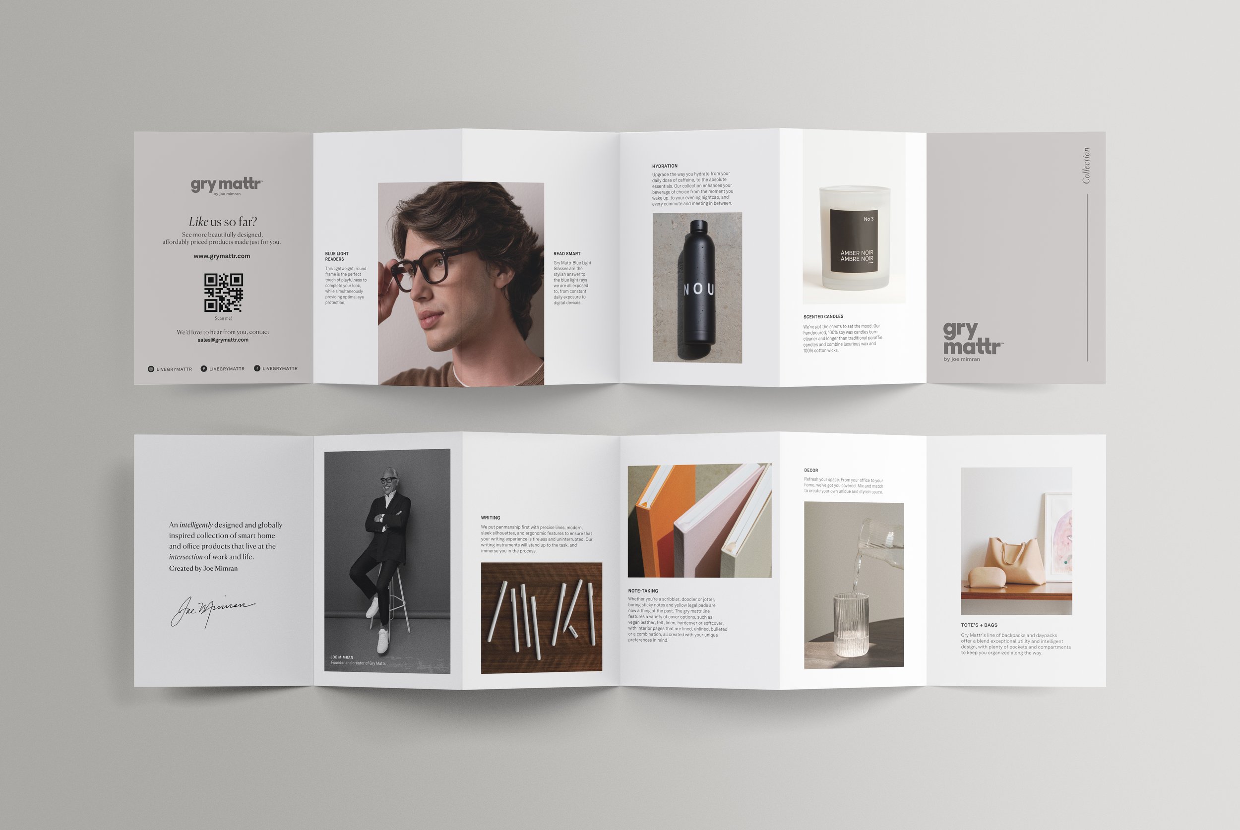 A trifold brochure featuring lifestyle and product images, including a person with glasses, a black water bottle, scented candles, books, and a glass pitcher, with text about various lifestyle and home products.